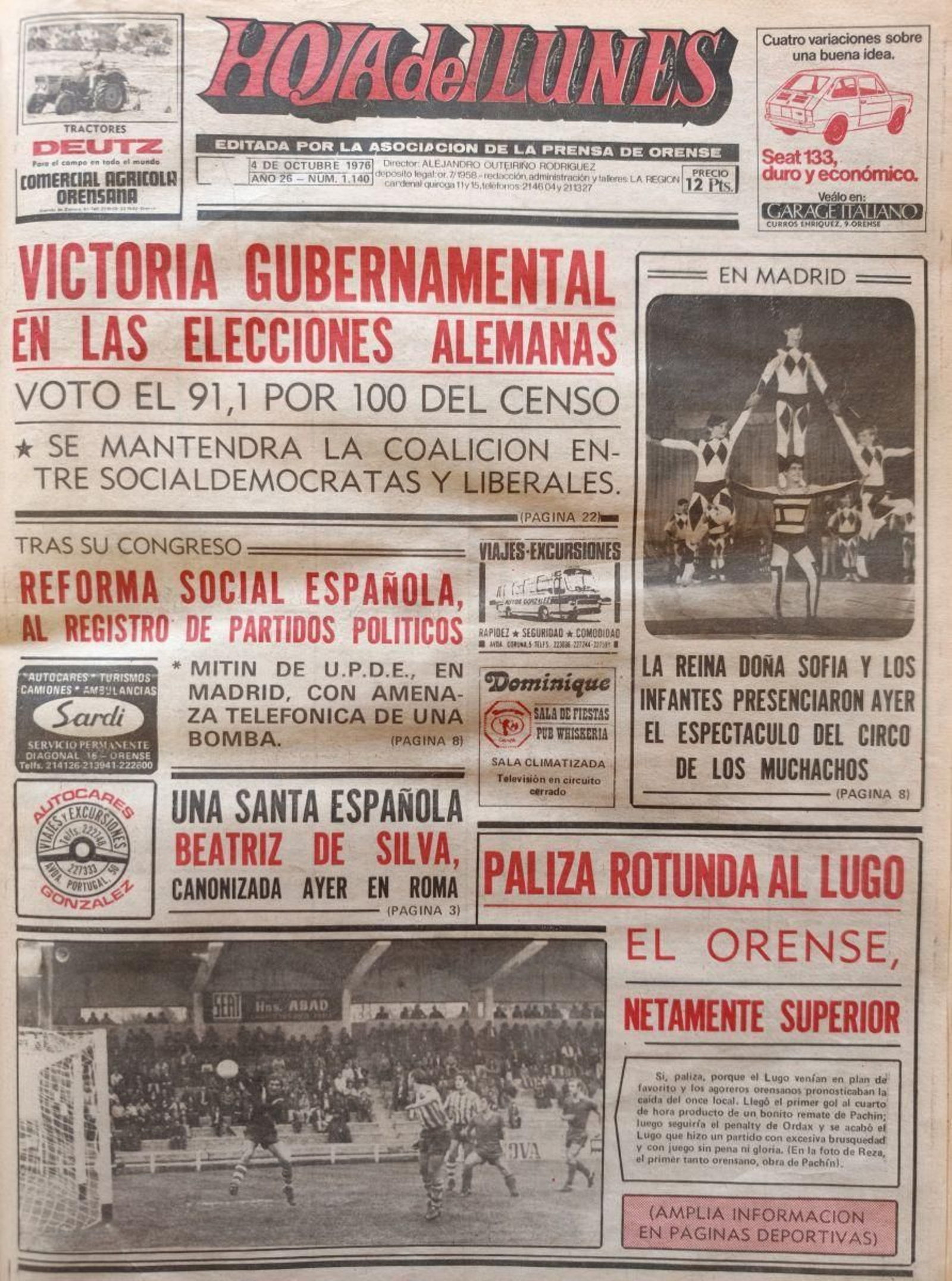 La portada de La Región del 4 de octubre del 1976.