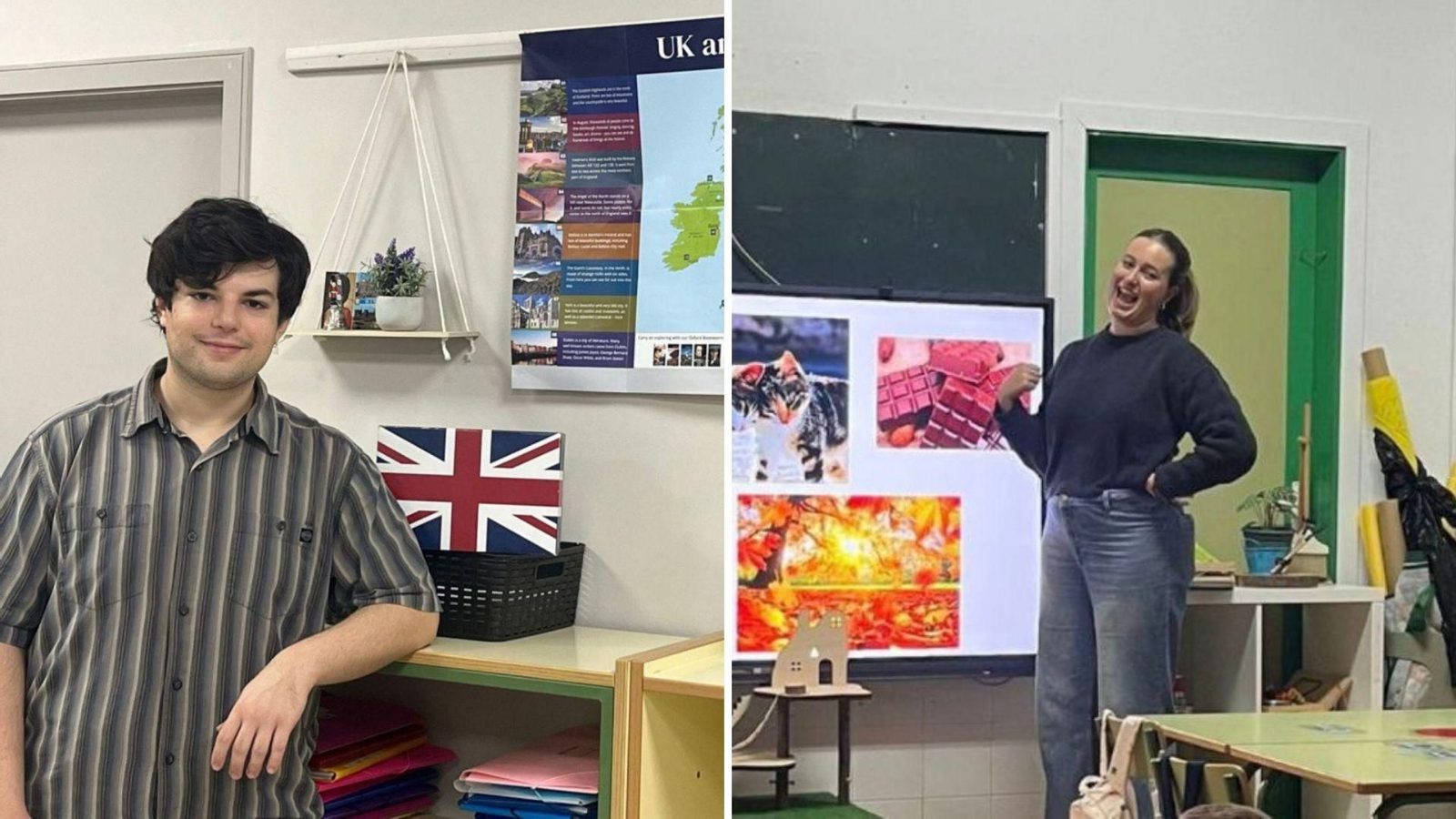 Daniel Radanov, en un aula del CEIP Pintor Laxeiro; y Alexandra Basham, durante una clase con los pequeños.