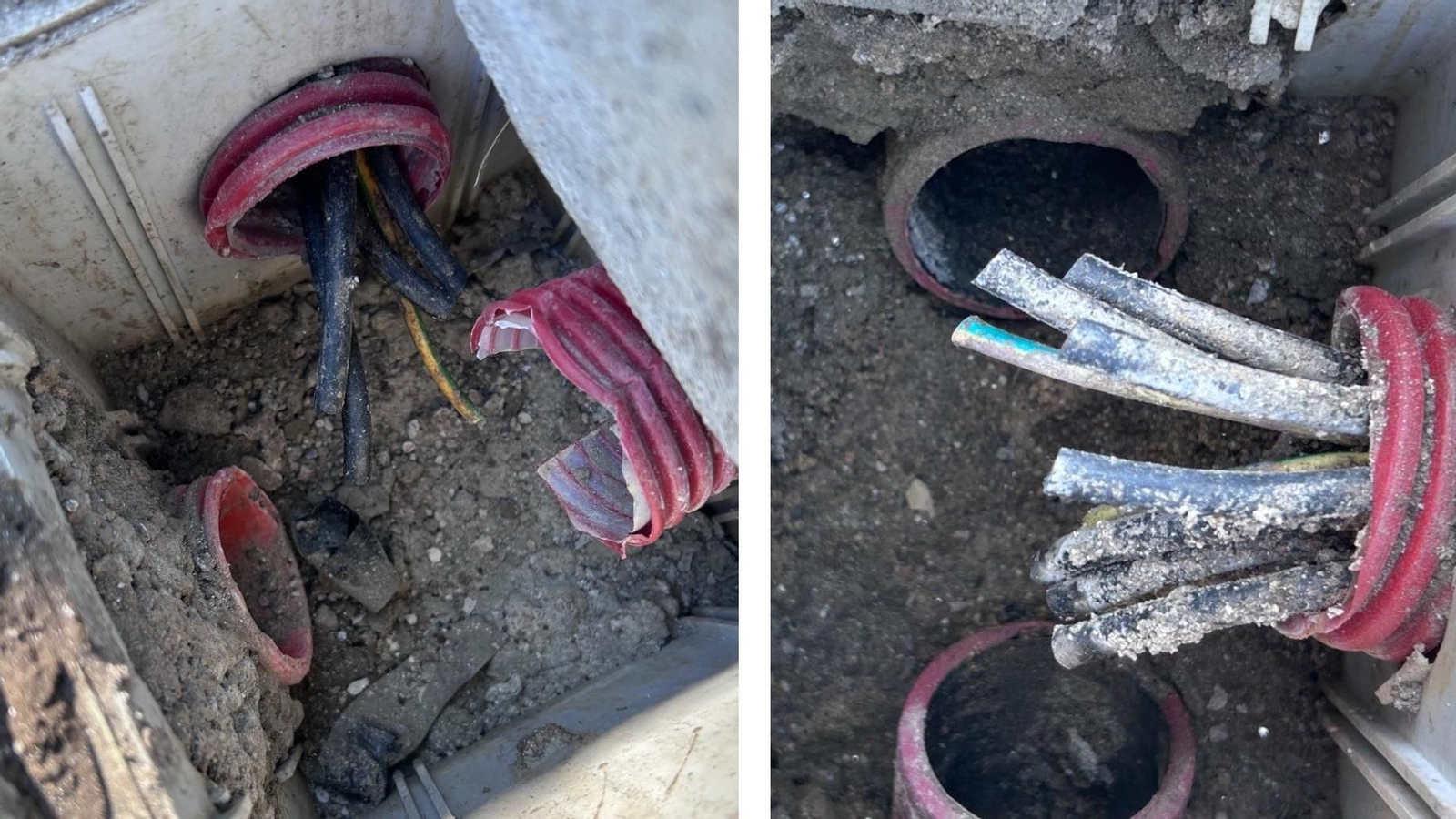Tramos cortados de cable que proporciona la luz a las farolas de Bousés y Casas dos Montes.