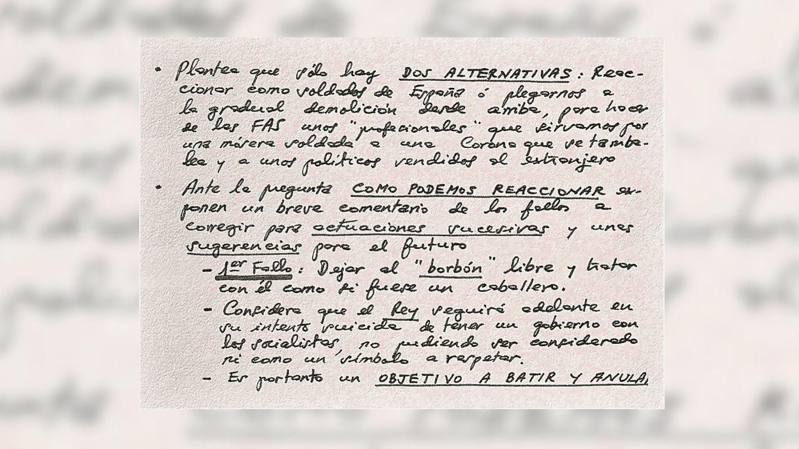 Documento desclasificado sobre el golpe donde se apunta al rey como objetivo a batir y anular.