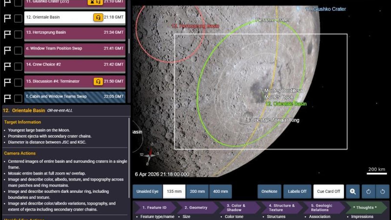 Captura de pantalla de la aplicación que usa la tripulación de Artemis II