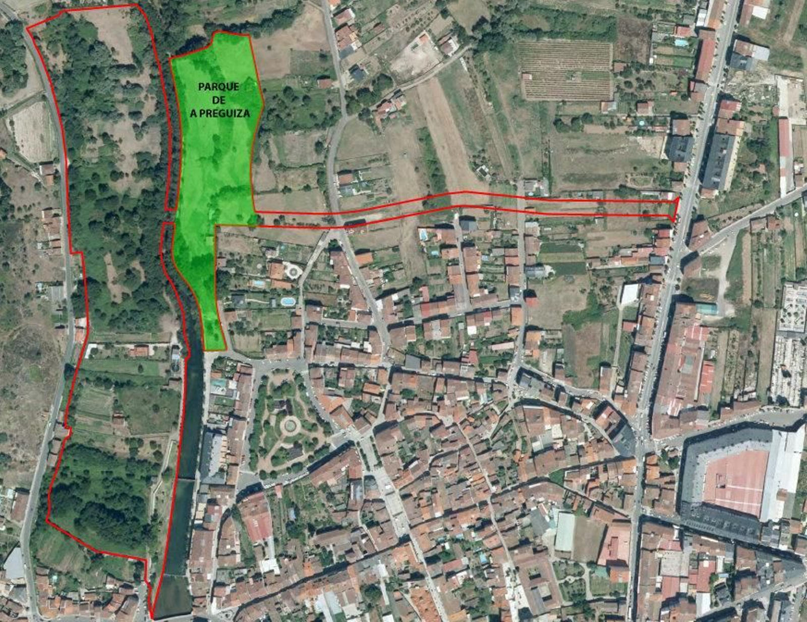 Futura ubicación del parque de A Preguiza en el mapa del municipio.