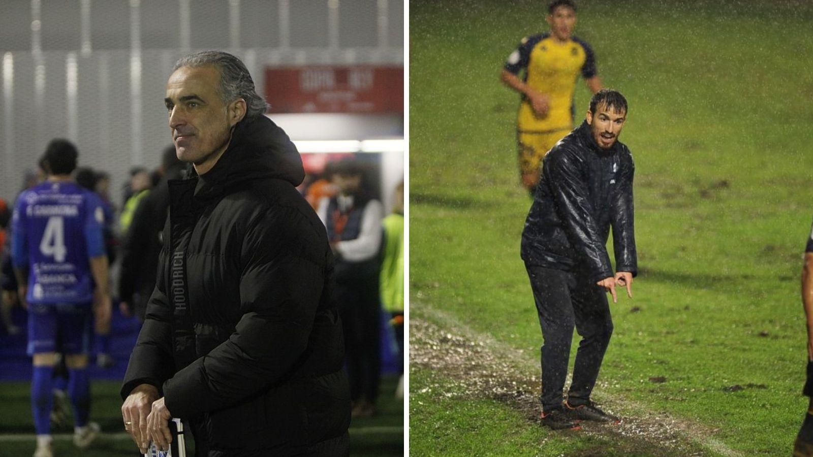 A la izquierda el técnico Pablo López, al finalizar el encuentro copero frente al Valencia el pasado año. A la derecha, Rubén Domínguez, dando instrucciones en el partido de Copa contra el Alcorcón.
