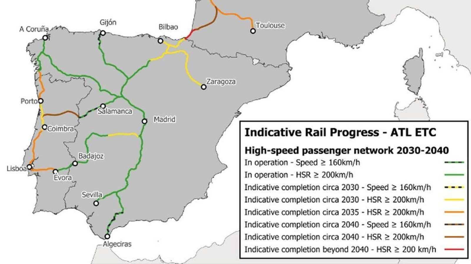 Infografía con las actuaciones ferroviarias previas en el Corredor Atlántico, entre ellas el Vigo-Oporto-Lisboa