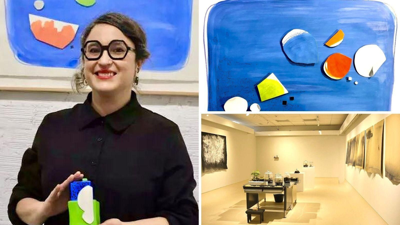 Alba Fernández na mostra e unhas das obras na galería DodoDadá.