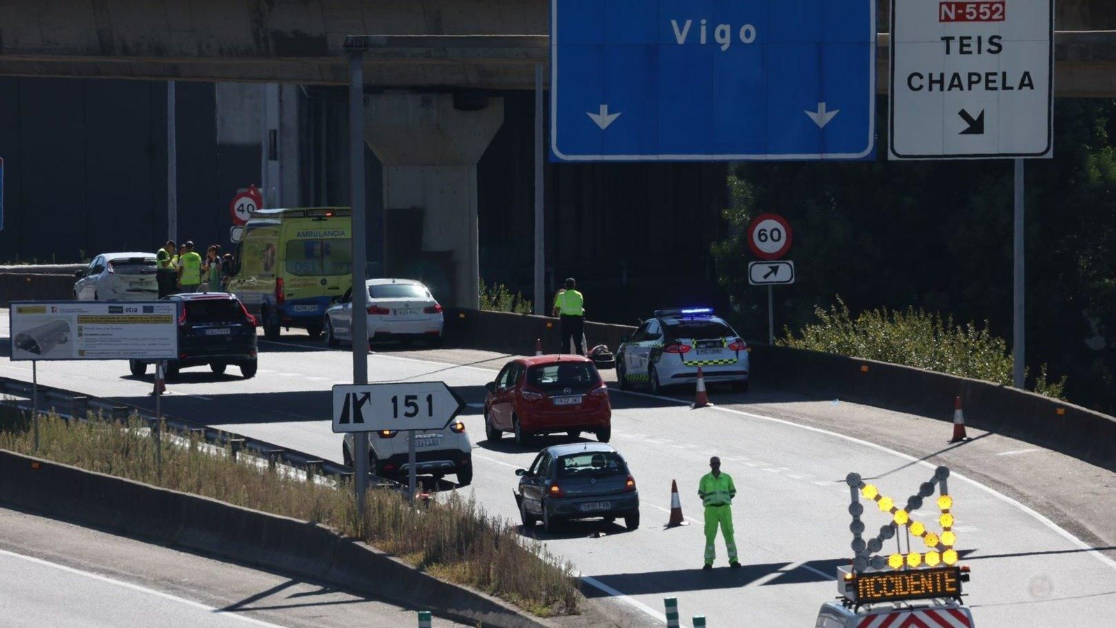 Lugar del accidente, en la AP-9 a la entrada de Vigo. // Alberte