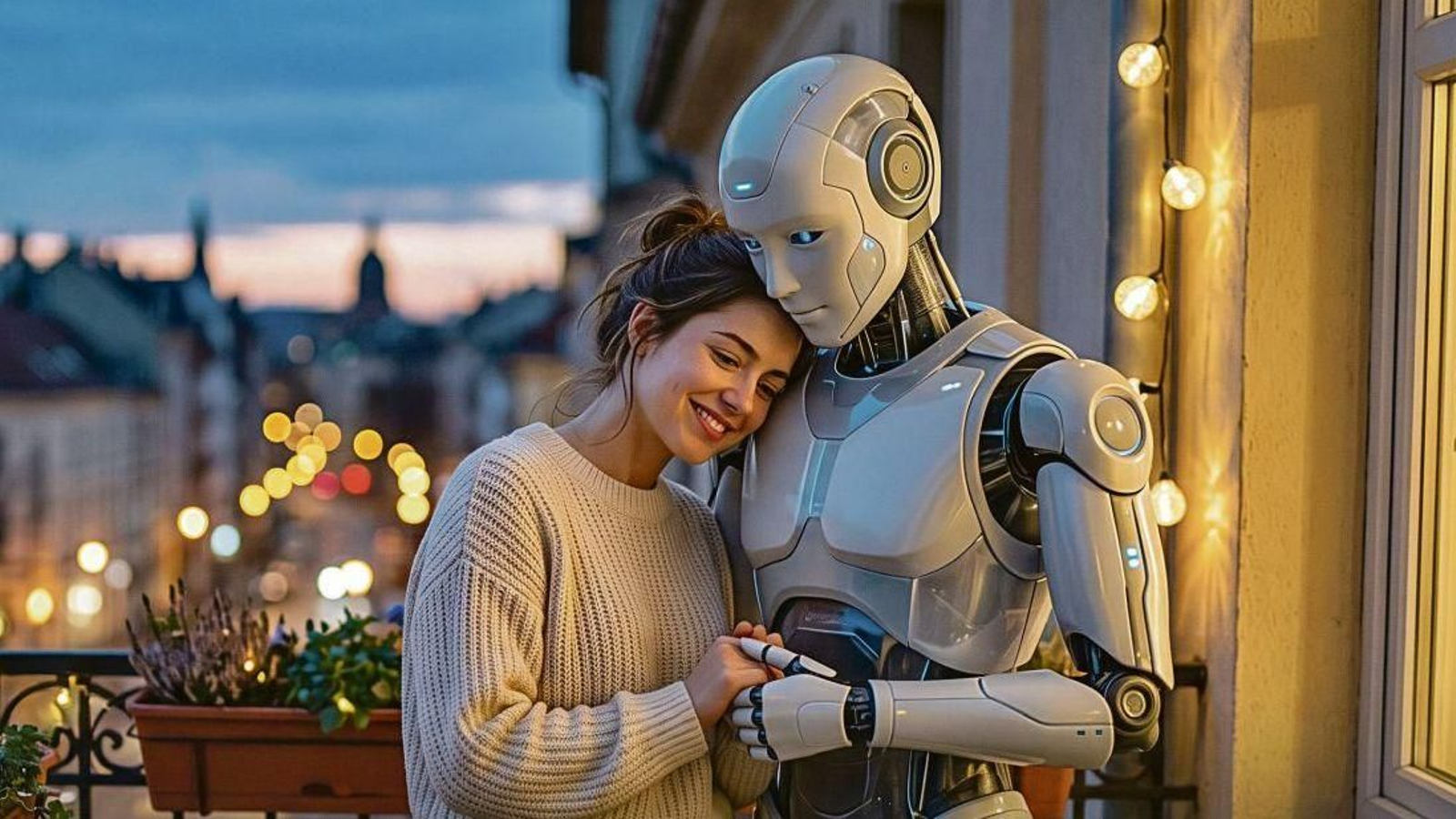 Imagen generada por IA de una situación romántica de una persona y un robot.