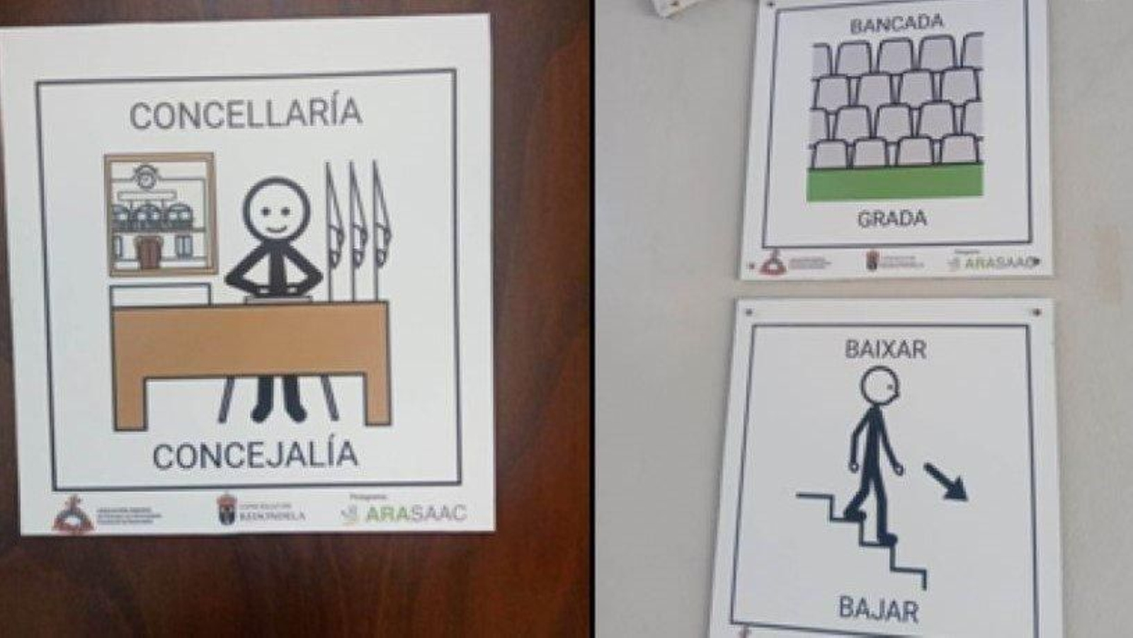 Imaxen de tres pictogramas onde se observa o uso do gallego e do castelán.