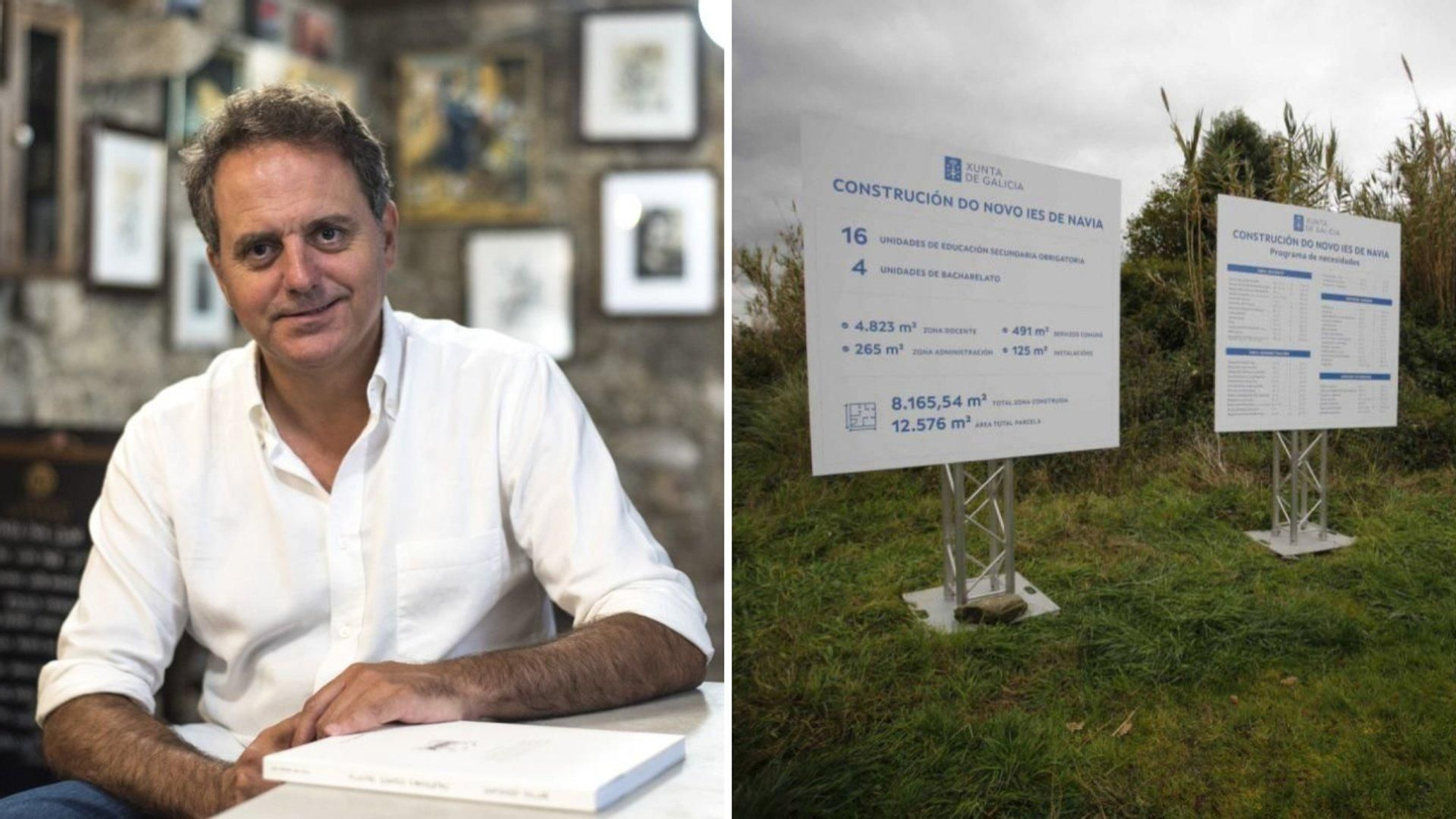 Domingo Villar y la imagen del edificio principal del anteproyecto del futuro IES Domingo Villar.