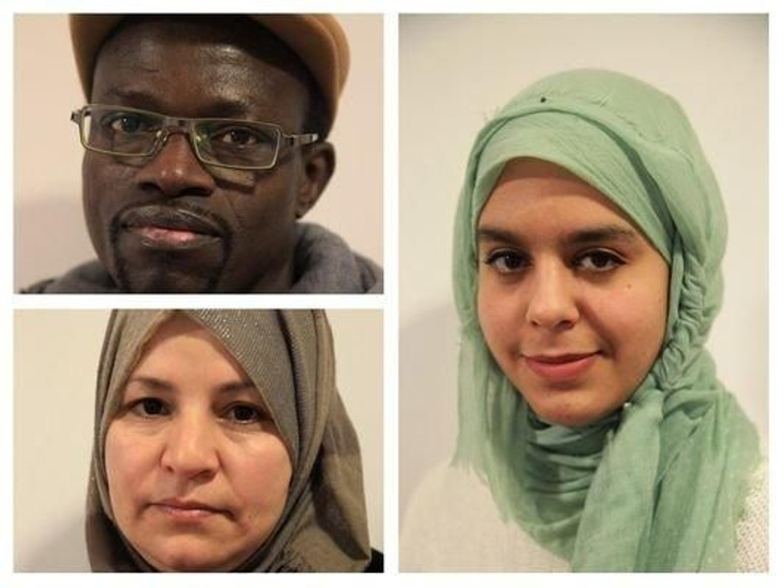 Doudou Ndiaye (arriba a la izquierda), Hafida Er Raouy (abajo a la izquieda) y Mouna Fathallah (a la derecha).