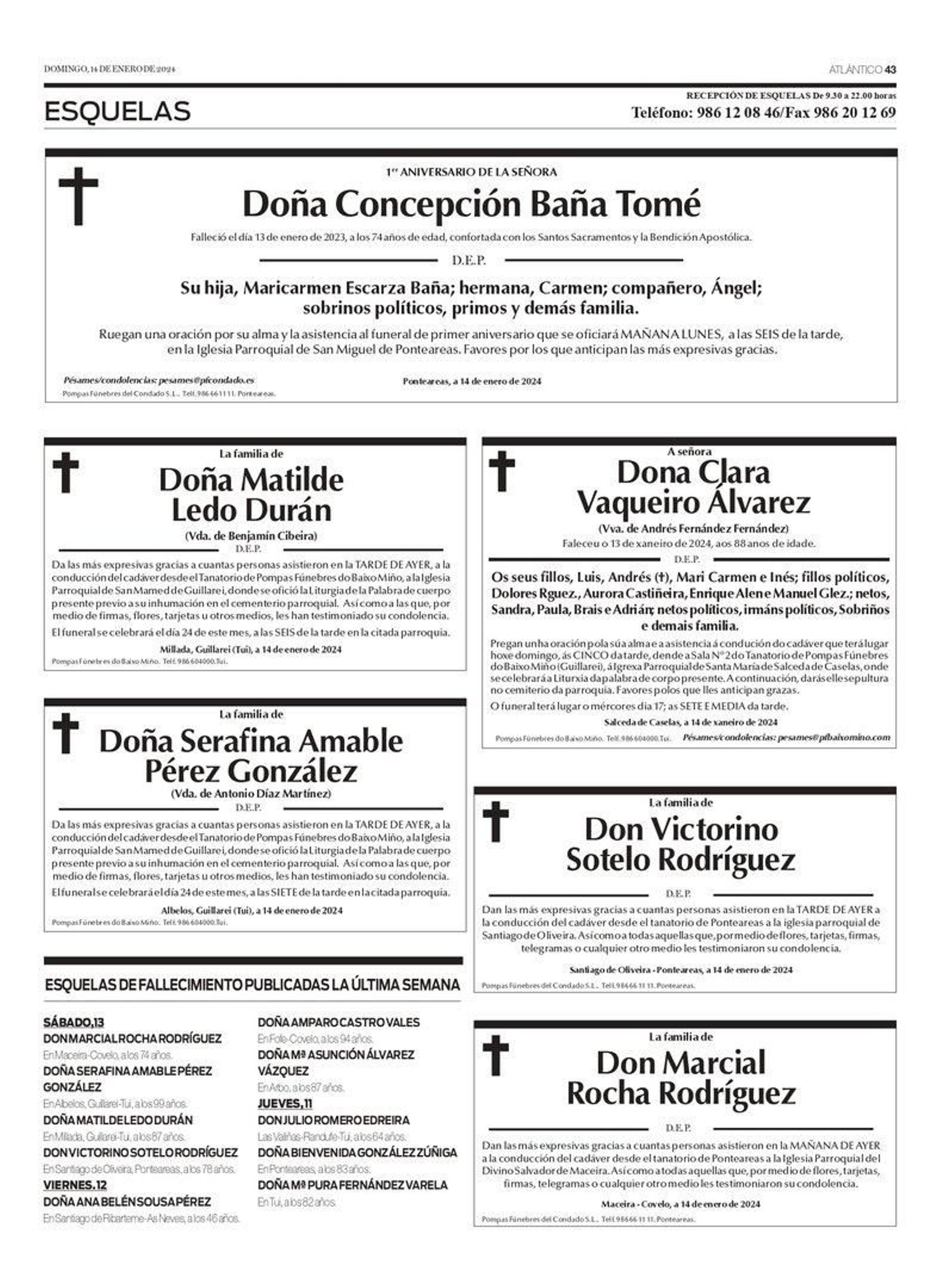 Las esquelas de este domingo 14 de enero.