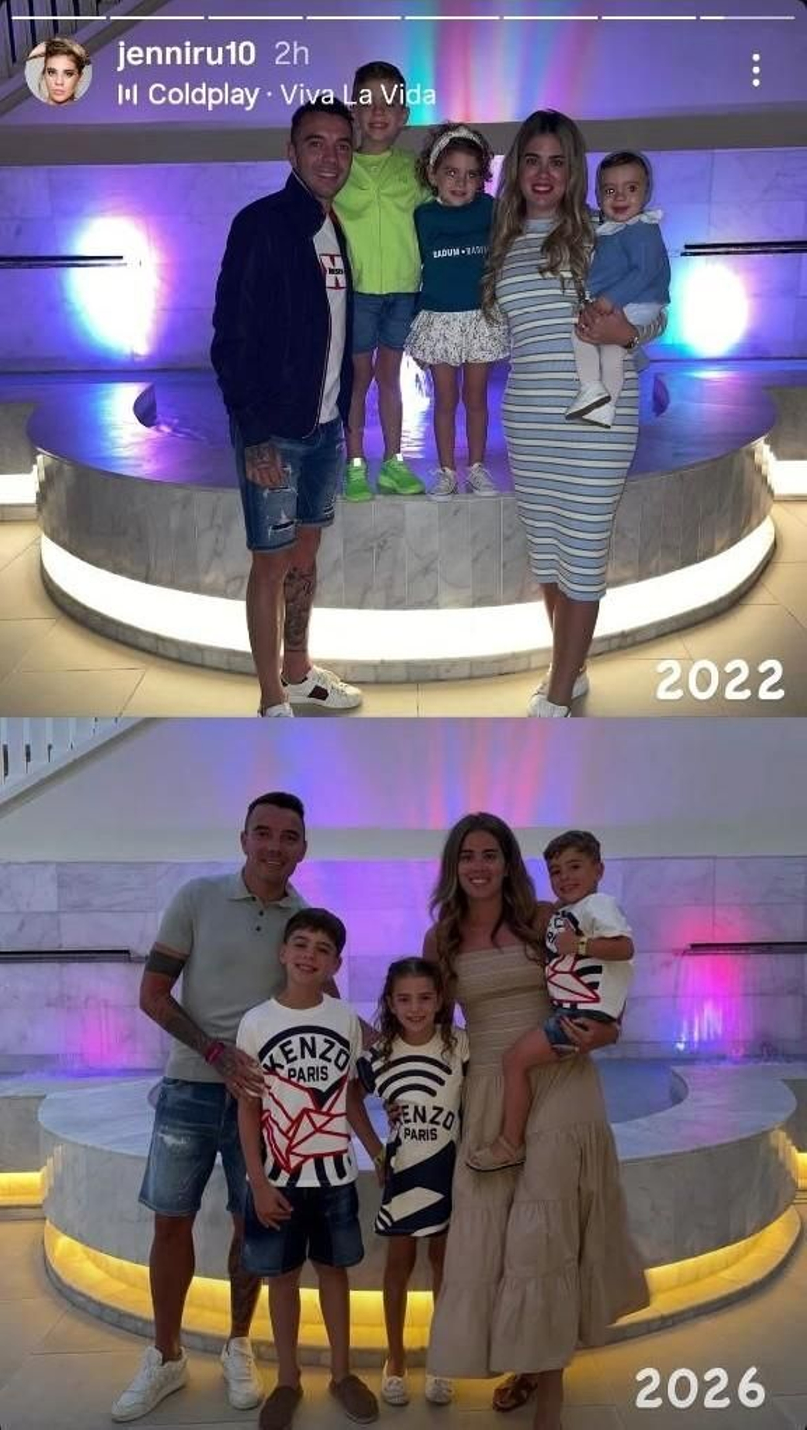 La familia Aspas-Rueda en Tenerife en 2022 y 2026.