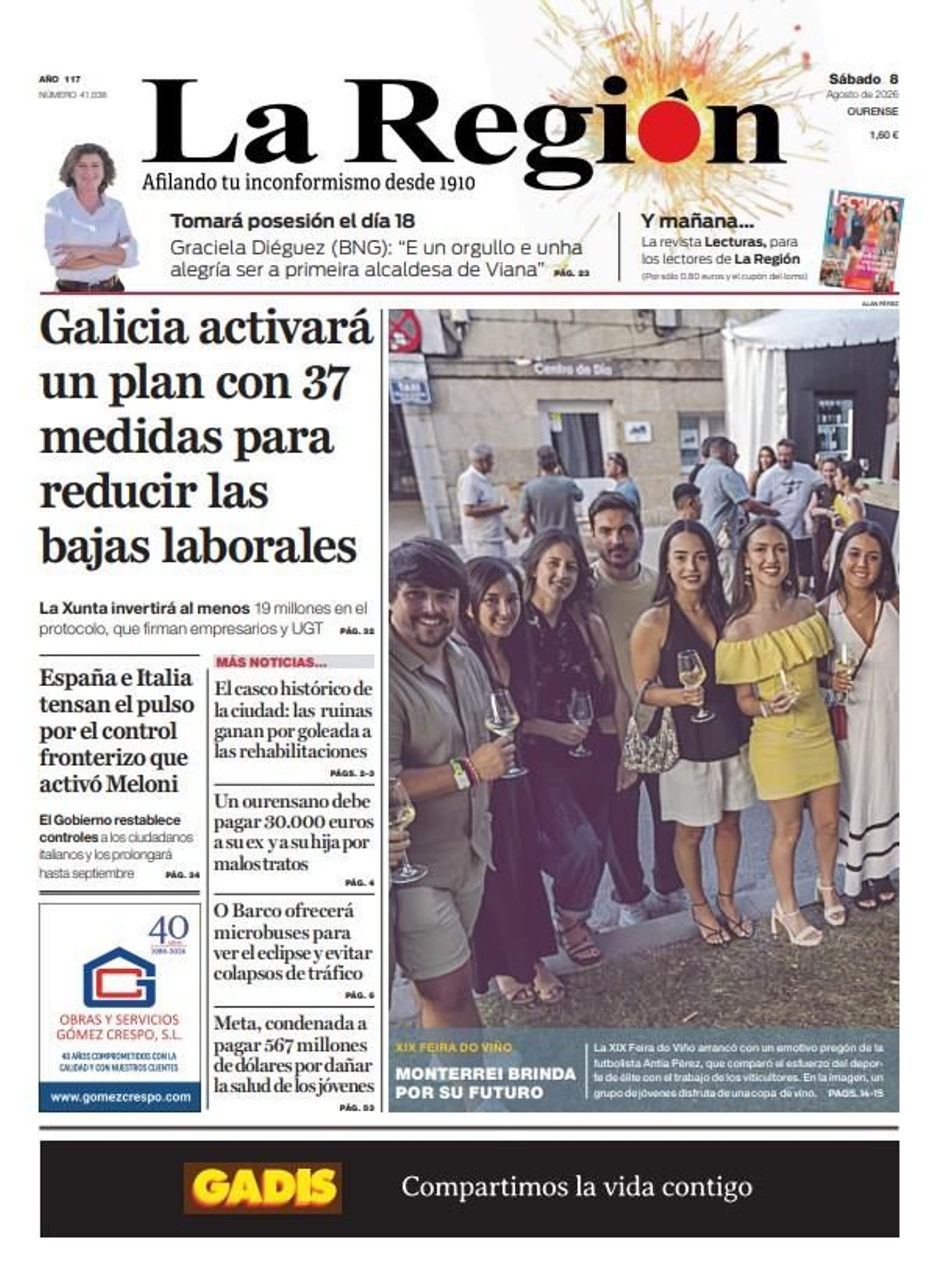 La portada de La Región de este sábado, 8 de agosto.