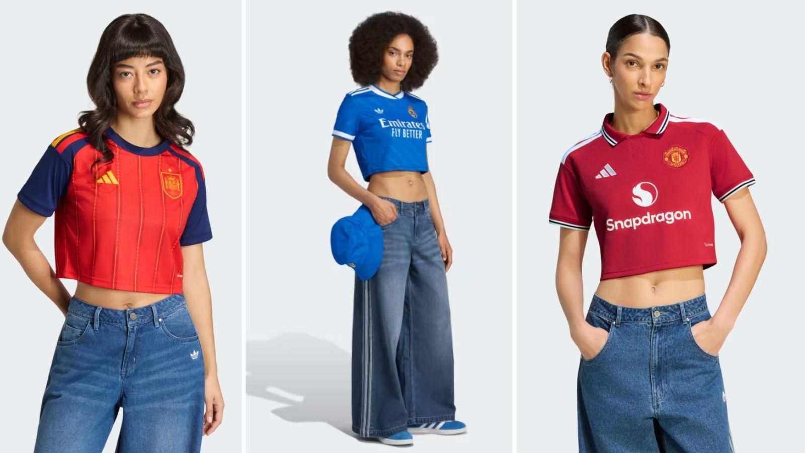 Primera equipación de España de la temporada 2026/2027, tercera camiseta del Real Madrid en la temporada 2025/2026 y la primera equipación del Manchester United de la temporada 2026/2027 en versión crop top.