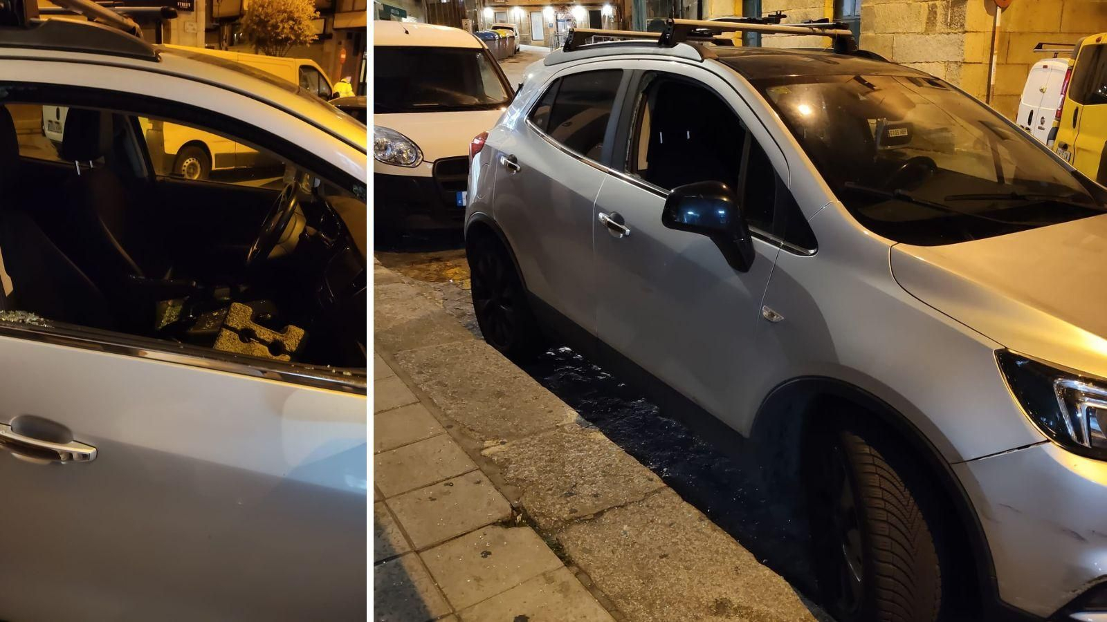 Estado de uno de los vehículos tras sufrir el impacto de un adoquín.