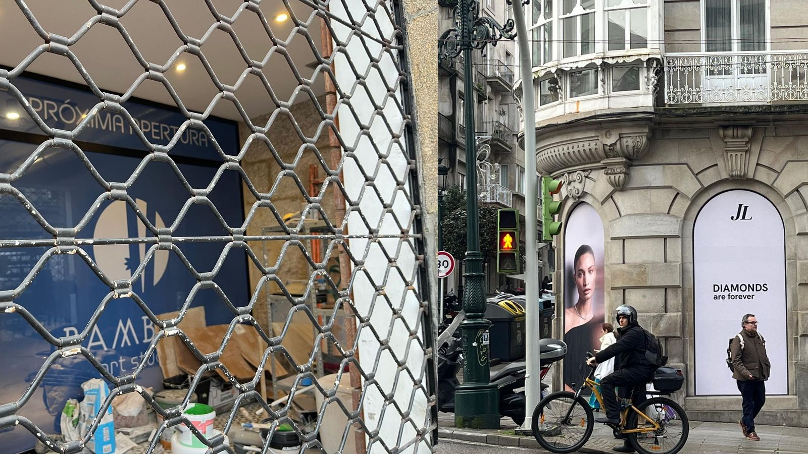 Dos locales que anuncian aperturas en Vigo, a la izquierda en Ronda de Don Bosco y a la derecha en plena calle Urzaiz.