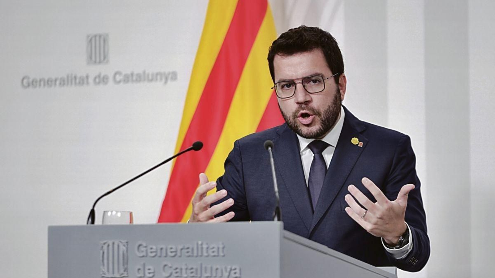 El presidente de la Generalitat, Pere Aragonès, durante la rueda de prensa en Barcelona.