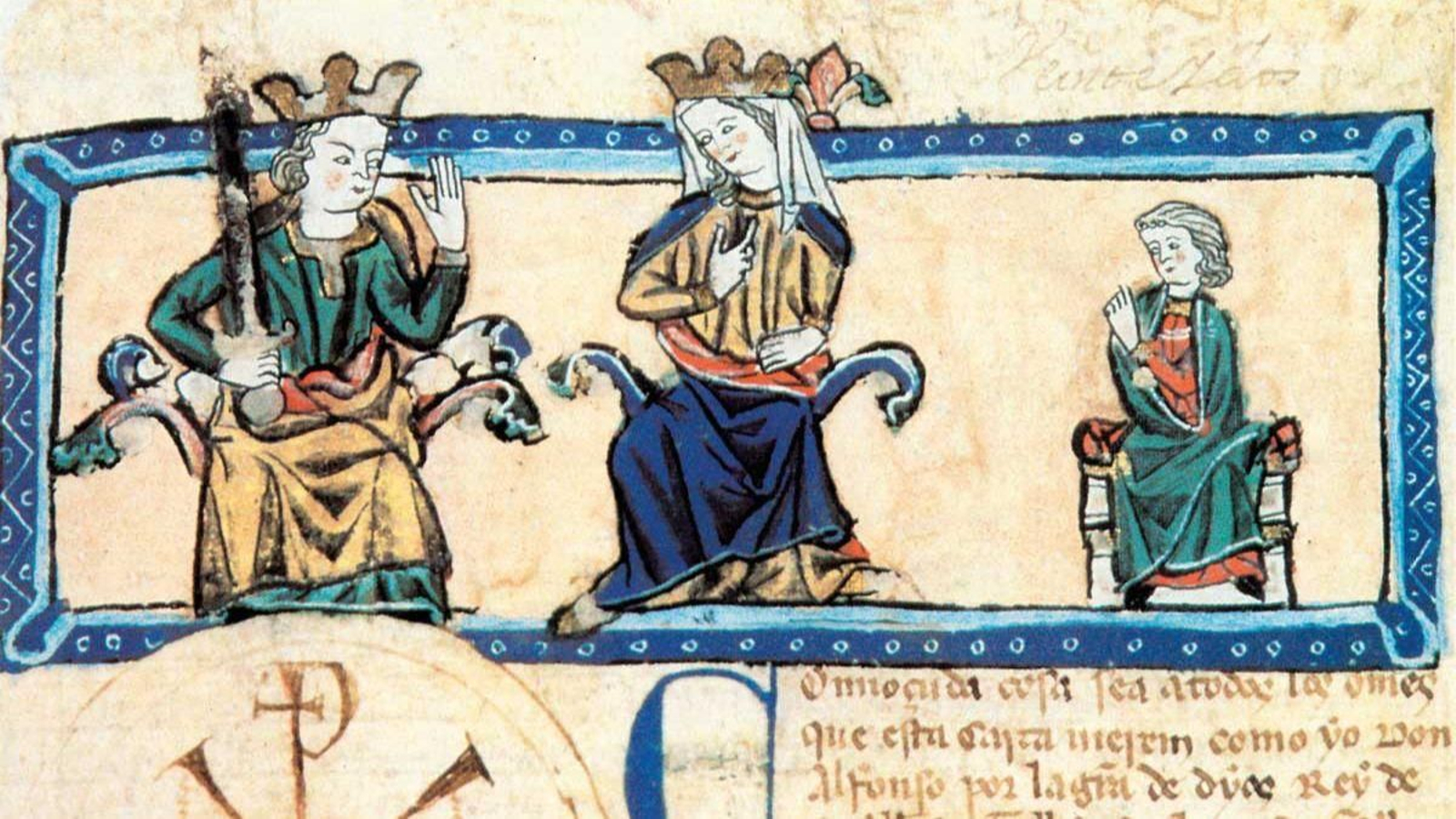 Violante de Aragón, entre o seu home, Alfonso X e o infante don Fernando de la Cerna, representada na miniatura de Tumbo de Toxos Outos (1289).