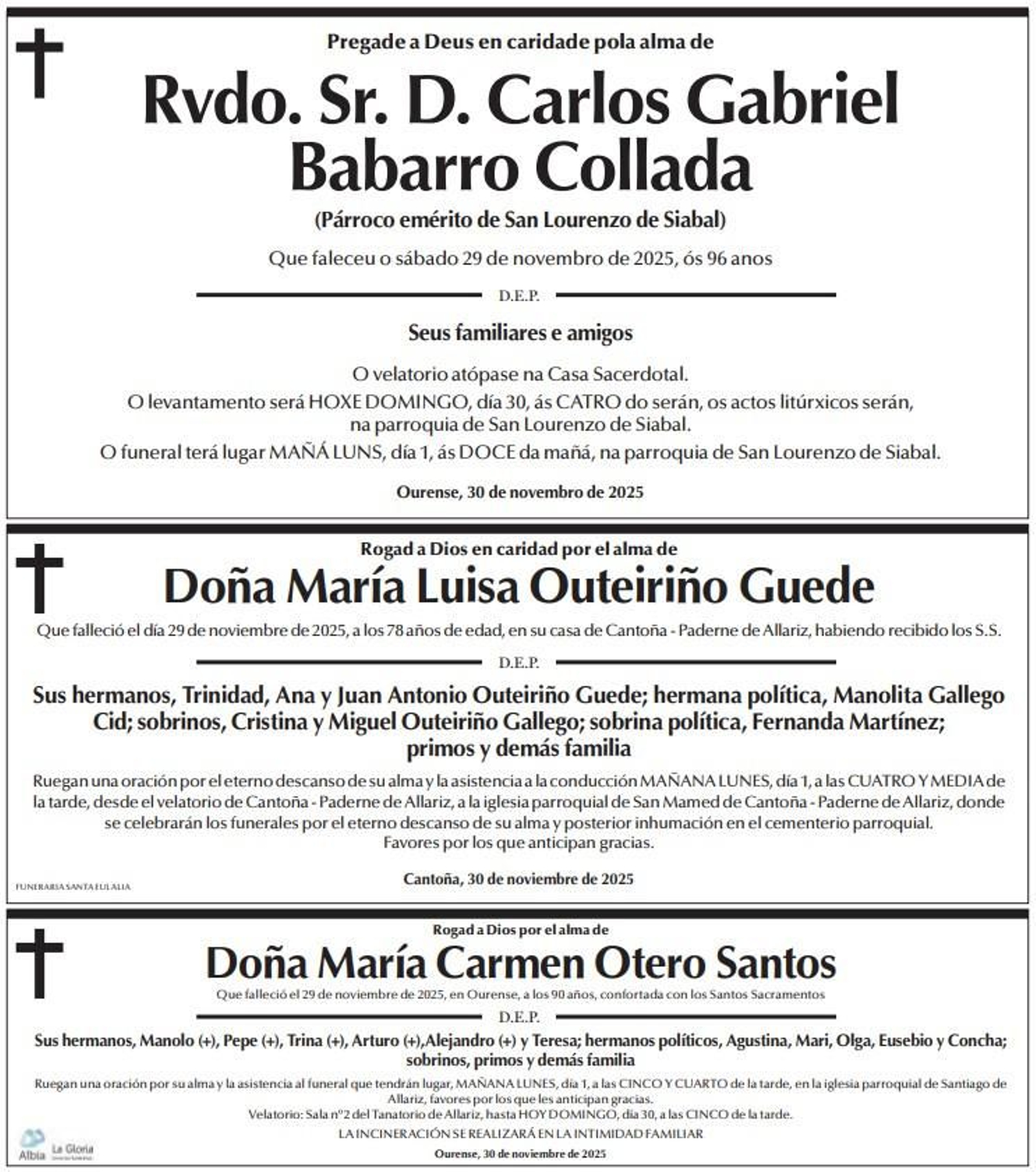 Las esquelas de hoy, 30 de noviembre