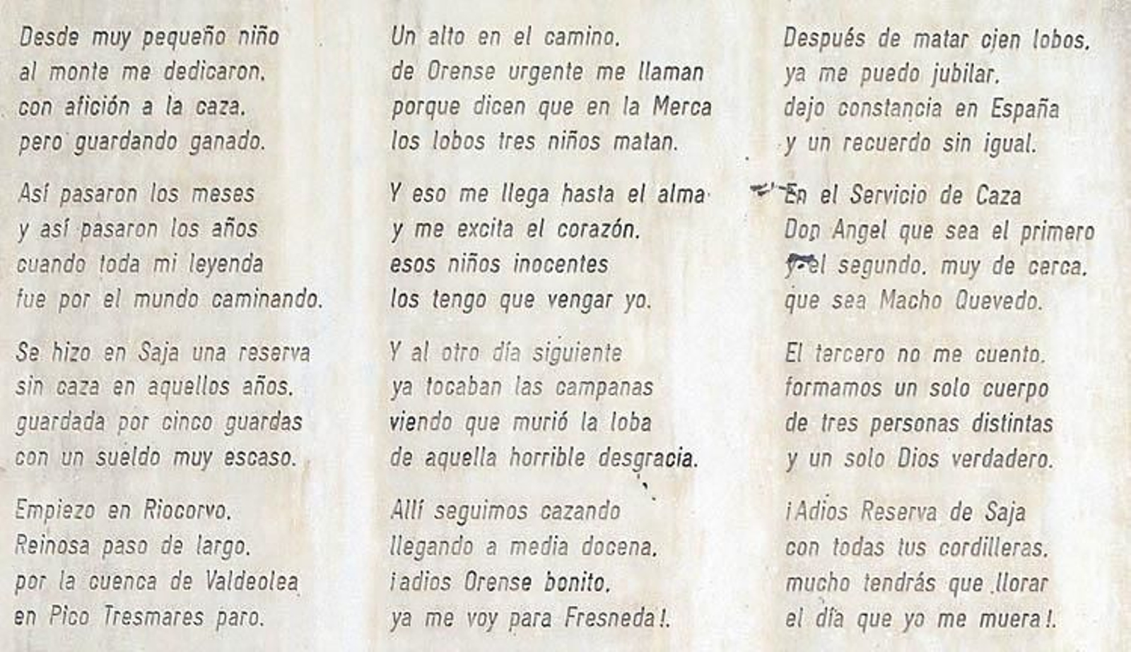 No centro, as catro estrofas que Pepín lle dedica á caza dos lobos en Ourense.