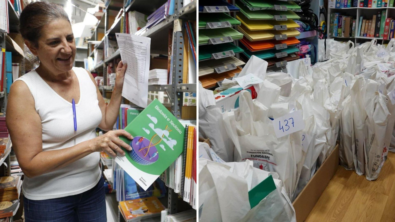 Preparativos en Librouro (izquierda) y Librería La Guía (derecha) con los pedidos de libros de texto este año.