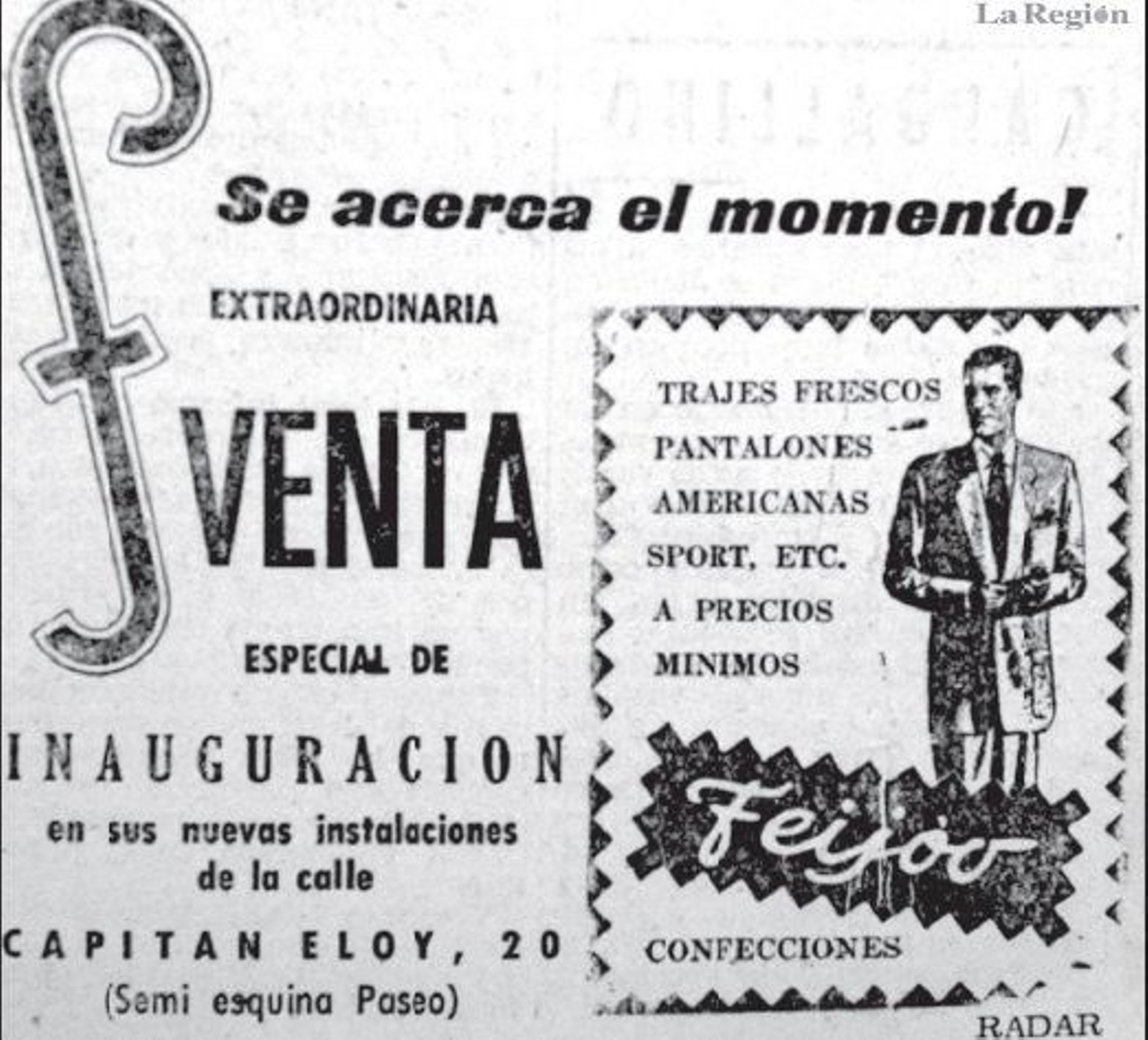 Confecciones Feijóo anuncia en 1956 la apertura de su tienda en la calle Capitán Eloy.