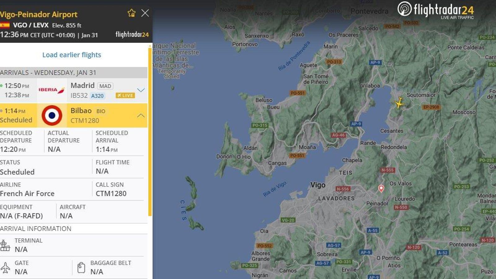 El vuelo de la armada francesa que aterriza en Vigo el 31 de enero. // Flightradar