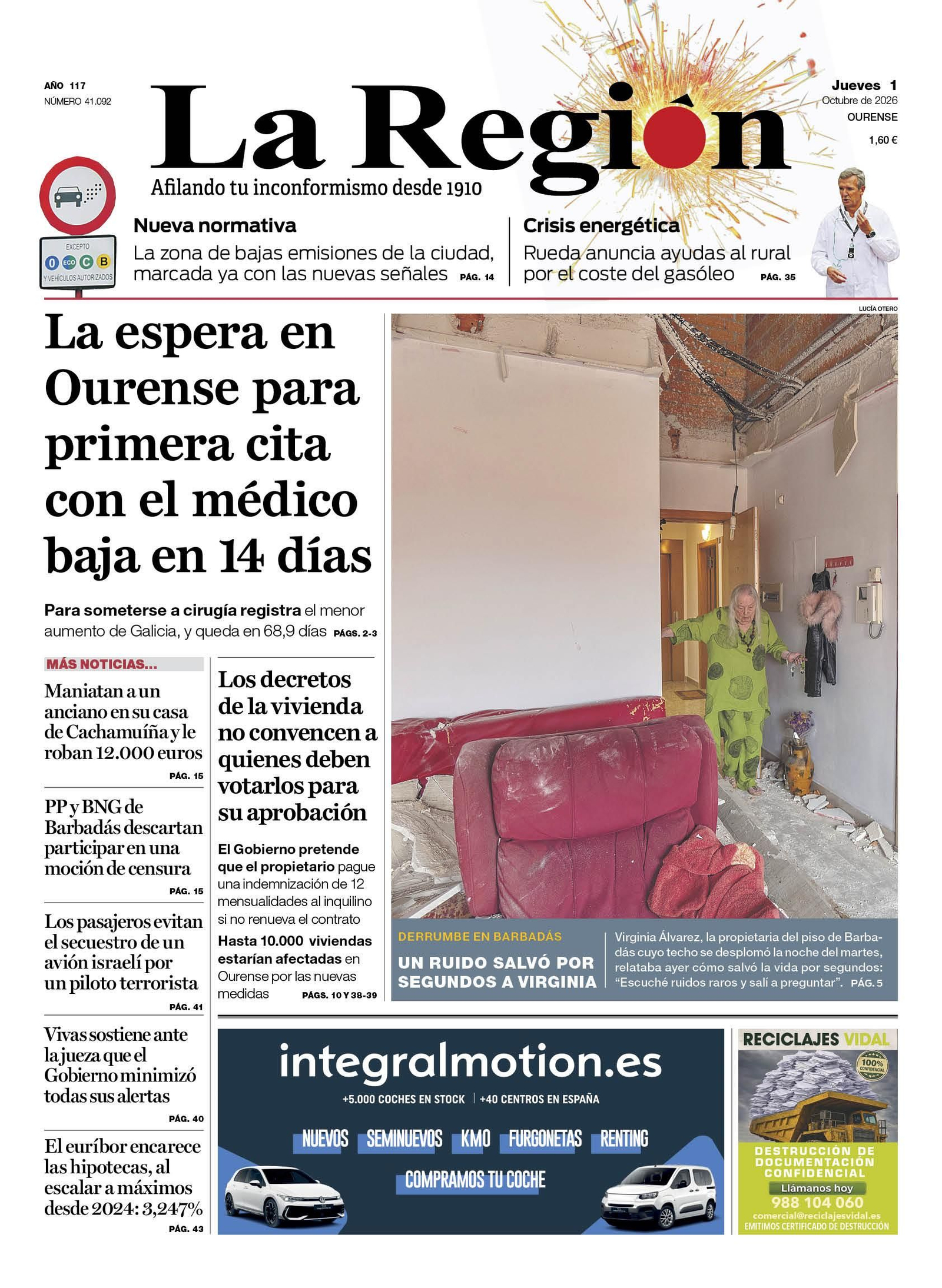 La portada de La Región de este jueves.