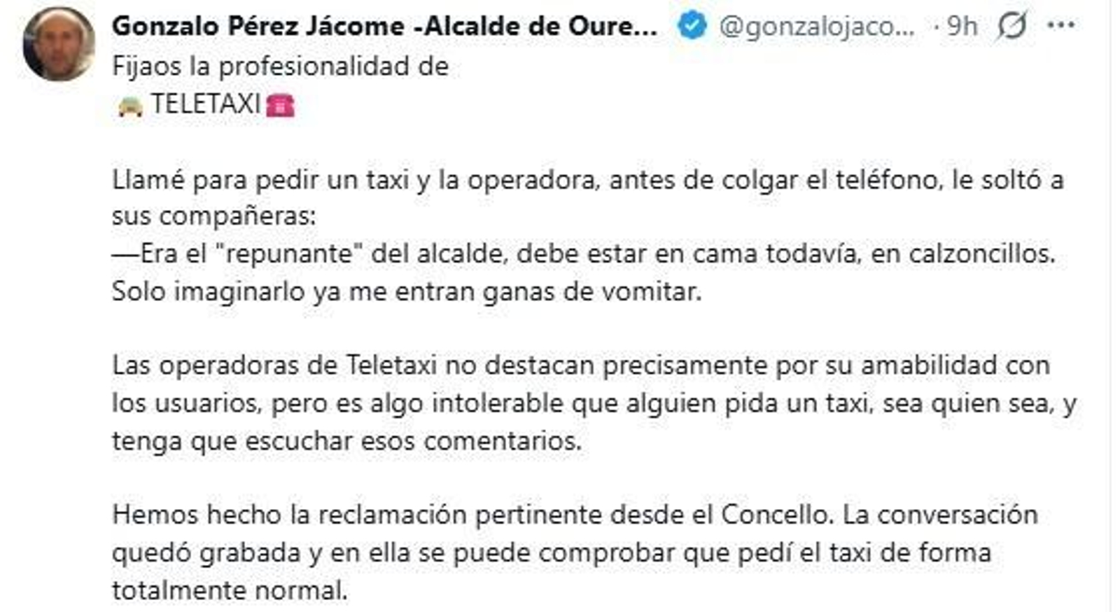Las explicaciones del alcalde de Ourense, Gonzalo Pérez Jácome, en redes sociales.
