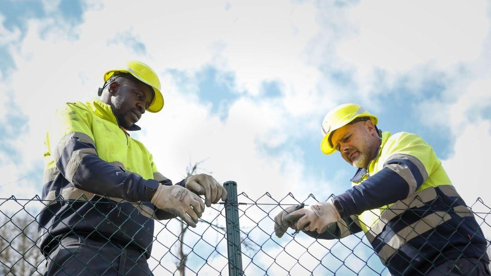 Dos trabajadores realizando labores de reparación en su trabajo.