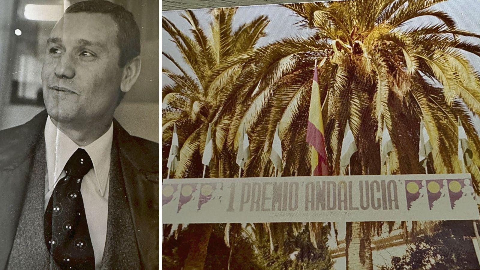 César Rodríguez Docampo en Campillos, Málaga, en 1976 y las banderas andaluzas a ambos lados de la española.