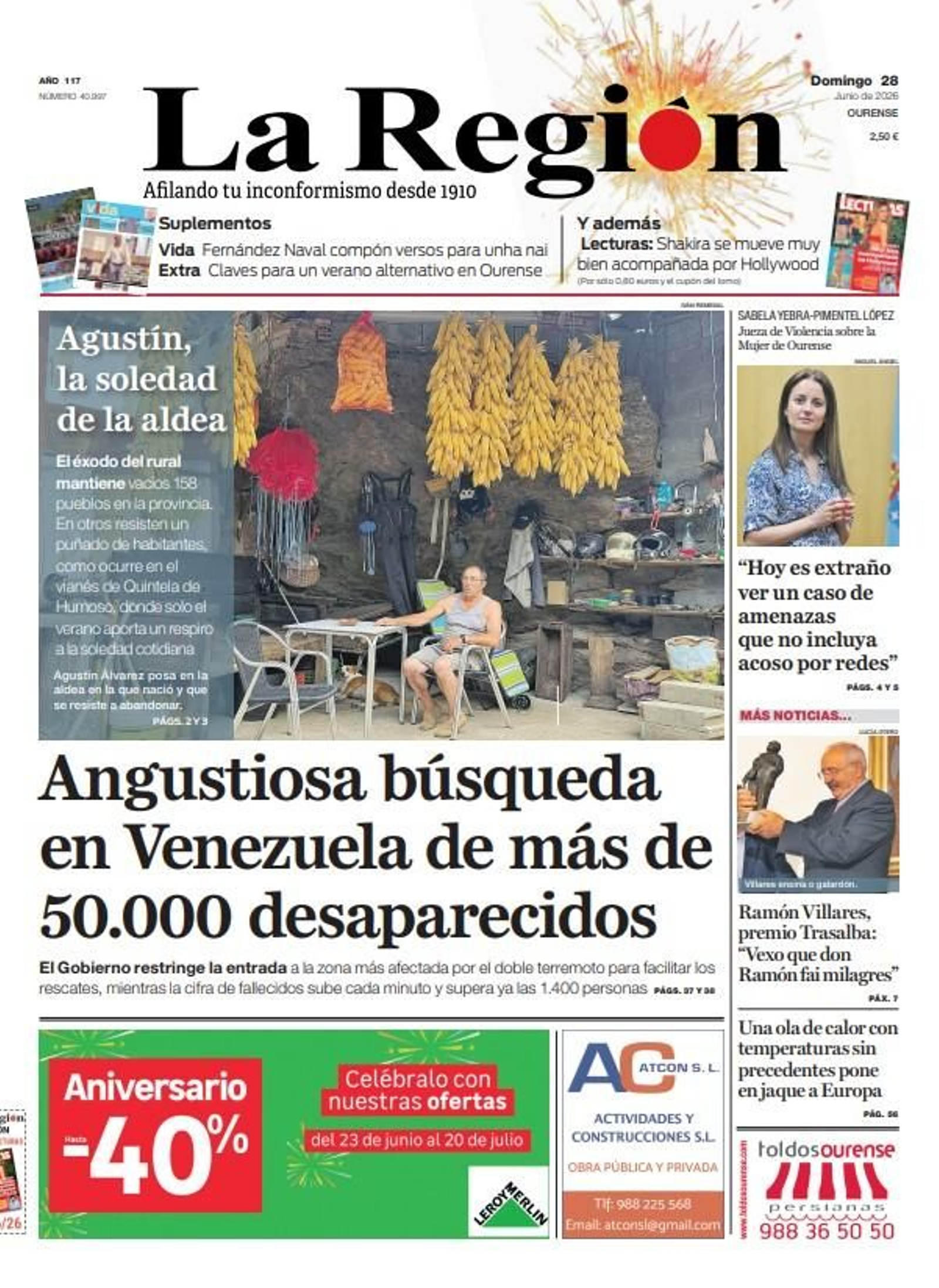 La portada de La Región de este domingo, 28 de junio.