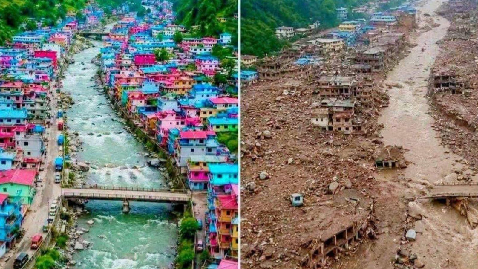 Antes y después de la riada en Timure, Nepal, donde las imágenes muestran la localidad antes de la catástrofe y tras el paso de la avalancha de agua y lodo.