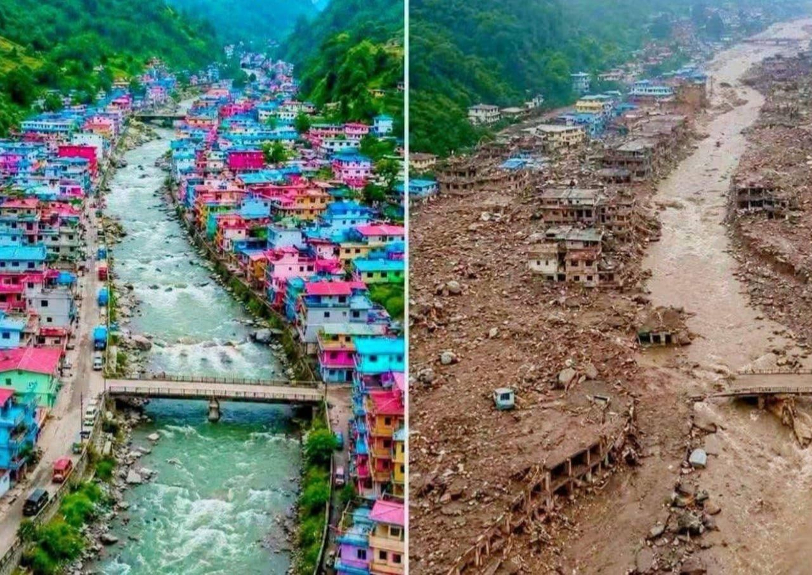 Antes y después de la riada en Timure, Nepal, donde las imágenes muestran la localidad antes de la catástrofe y tras el paso de la avalancha de agua y lodo.