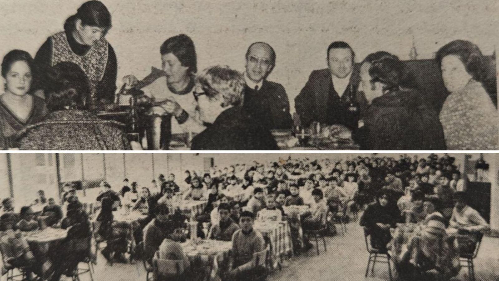 El alcalde compartiendo mesa con los profesores y los alumnos de la Escuela Hogar de Mariñamansa respectivamente.