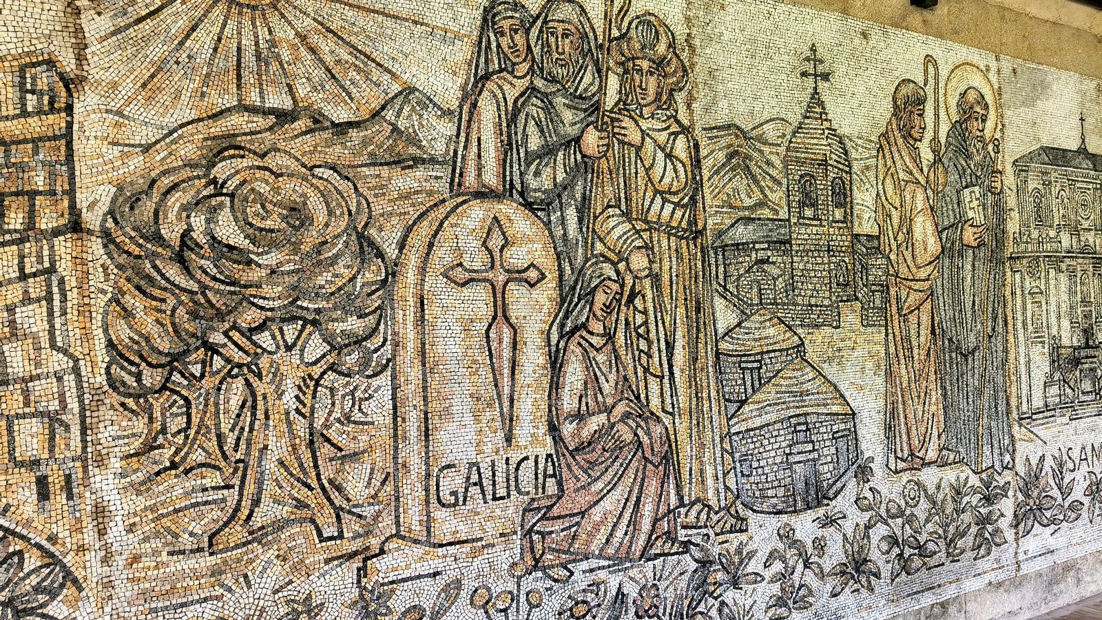 Parte del mosaico del Camino en el que se representa O Cebreiro.