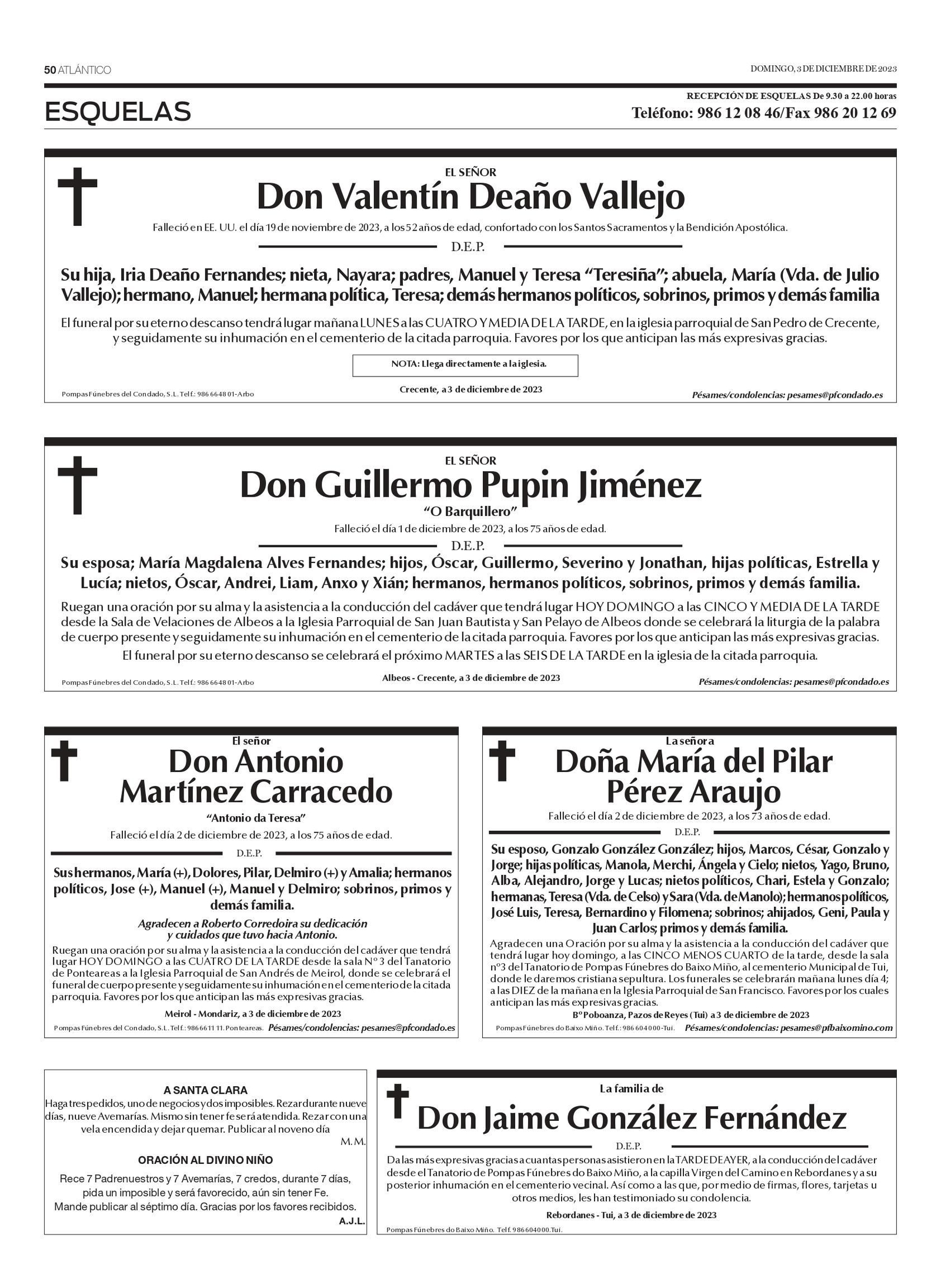Las esquelas de este domingo 3 de diciembre.