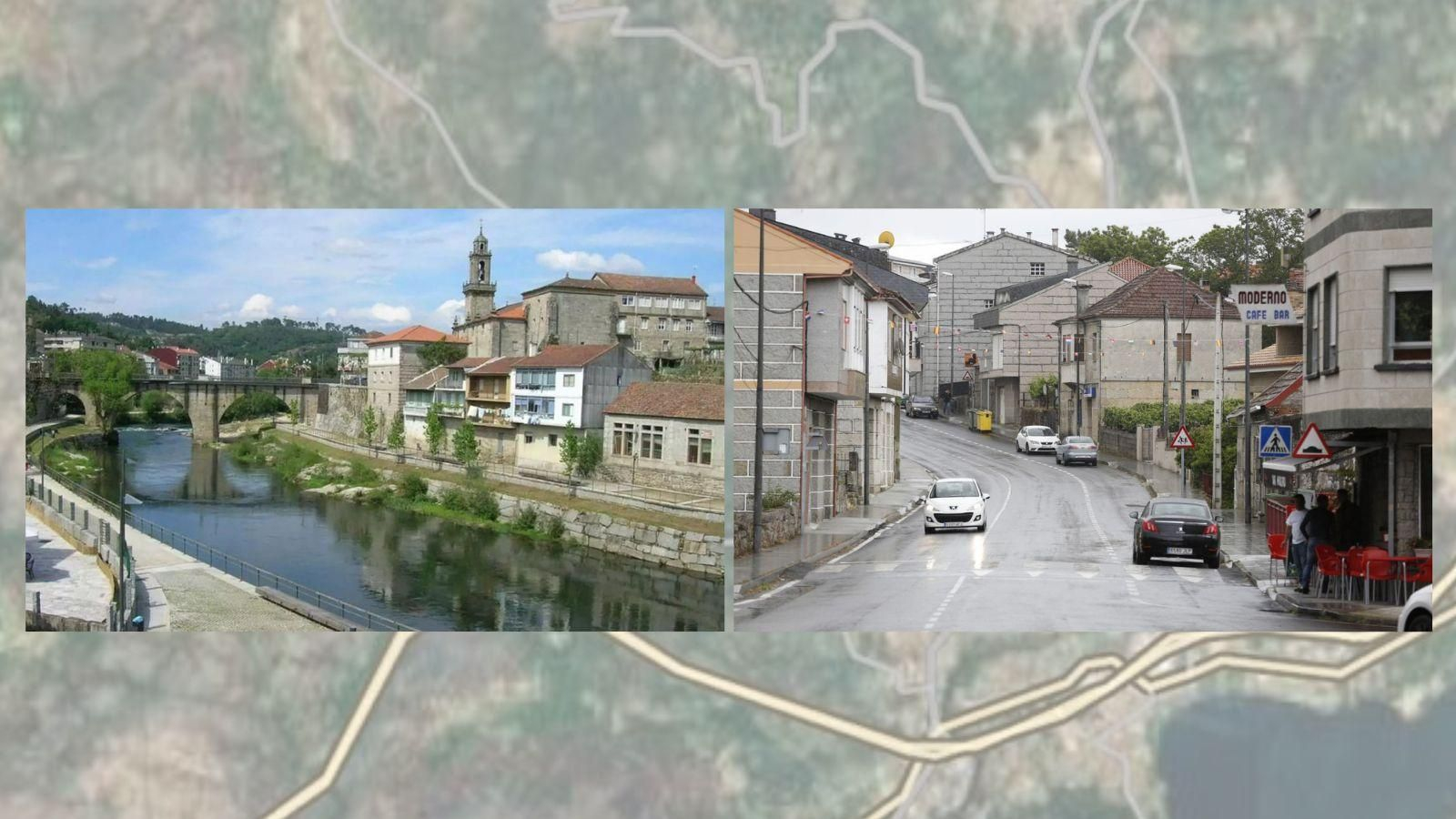 Vista de Ribadavia, con el río Avia atravesando su núcleo urbano, y vista de la calle principal de Carballeda de Avia.