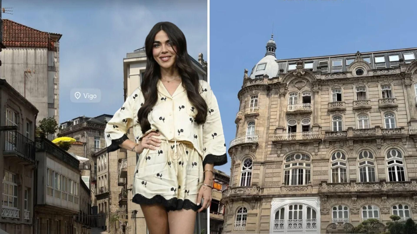 La influencer Violeta Mangriñán y dos de las fotos que publicó de su visita a Vigo.