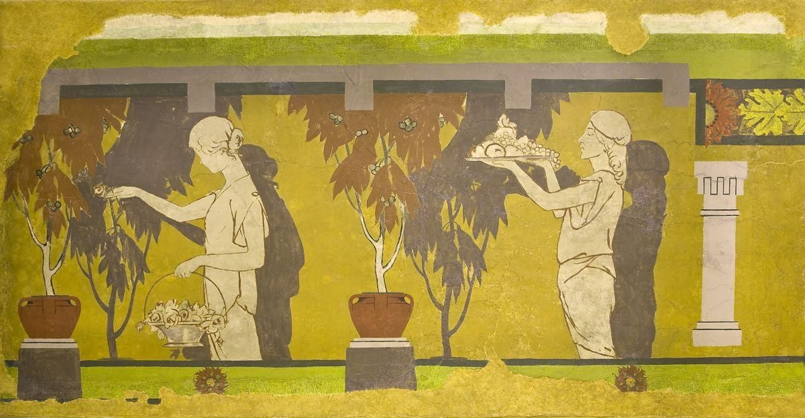 Jesús Soria, pintor y catedrático de dibujo en los años treinta, decoró su chalet situado en O Couto con este mural de estilo modernista. Fue salvado por admiradores suyos y se guarda en el Museo Provincial.
