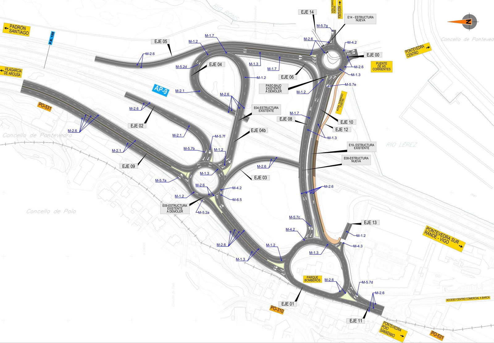 Plano del proyecto actual de obras en el acceso norte de la AP-9 a Pontevedra.
