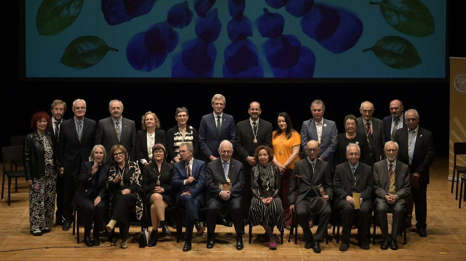 El presidente de la Xunta de Galicia, Alfonso Rueda (2 fila, 7i), y el presidente de la Academia, Henrique Monteagudo (2 fila, 7d), durante el pleno Real Academia Galega por el Día das Letras Galegas, en el Teatro Principal de Santiago, a 17 de mayo de 2026, en Santiago de Compostela, A Coruña, Galicia (España).