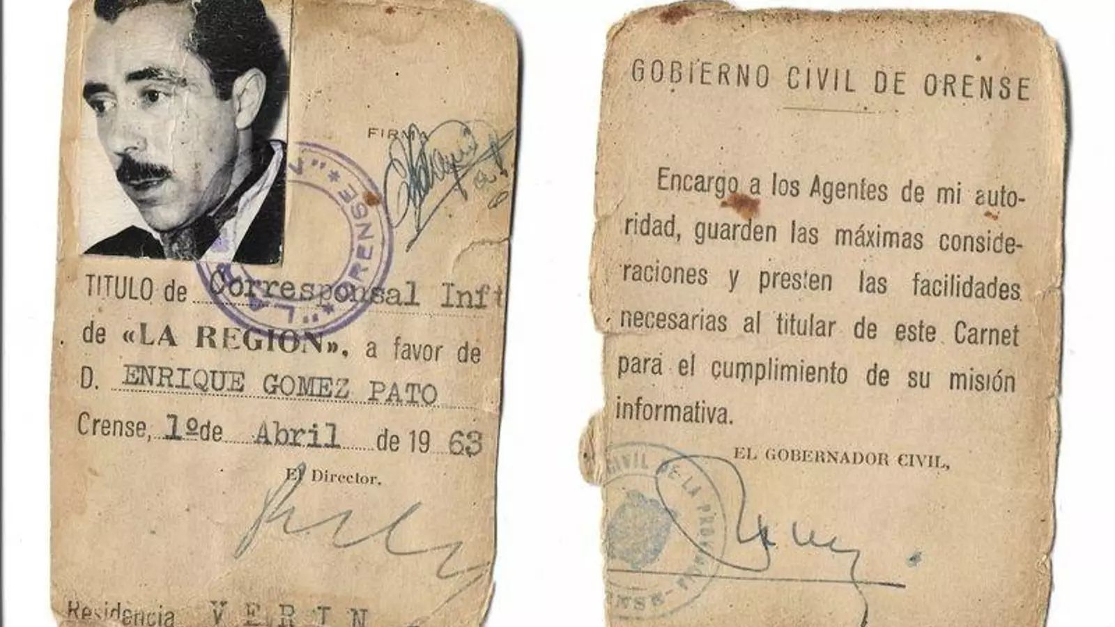 Acreditación de correspondente para  La Región de Enrique Gómez Pato.