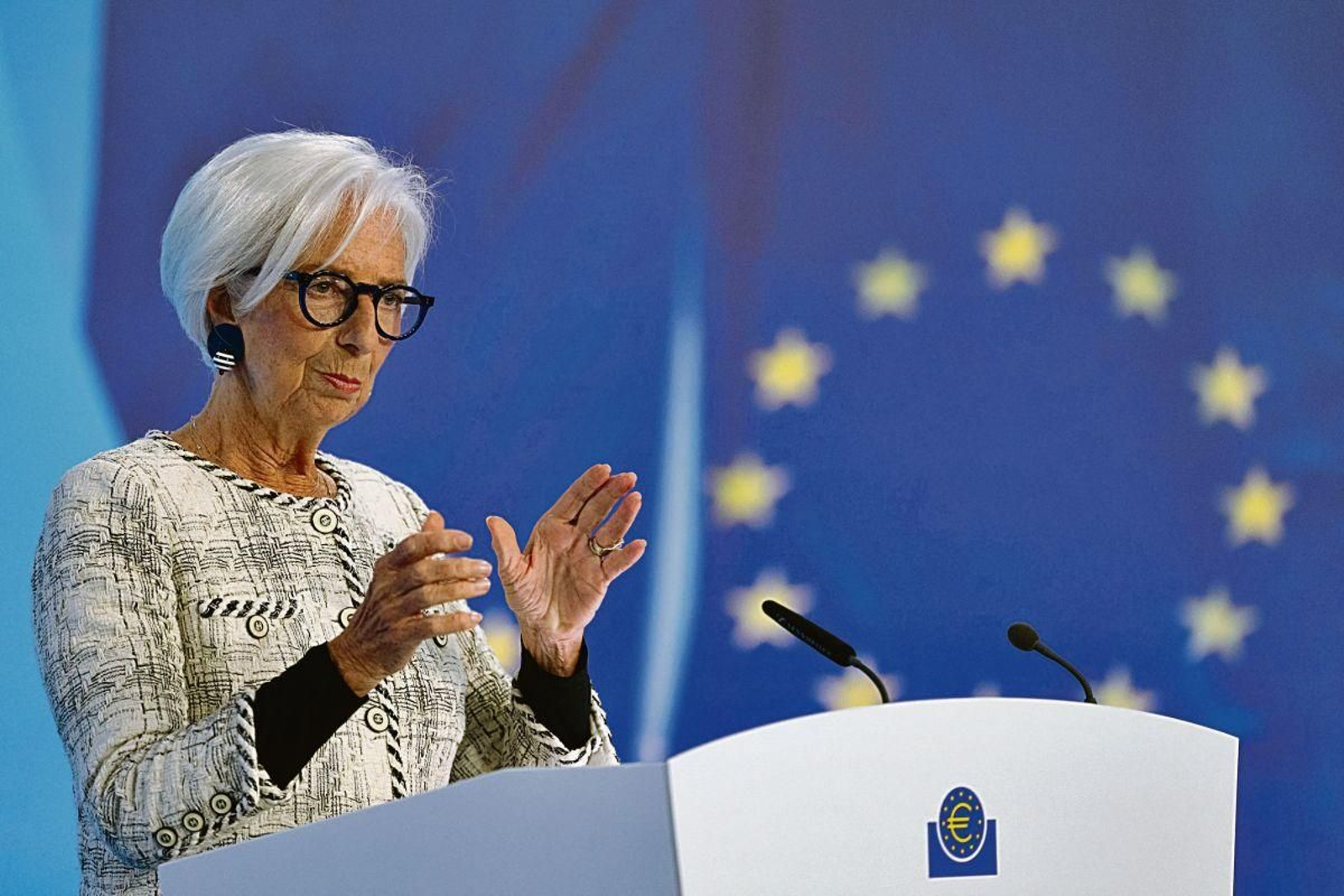 La presidenta del Banco Central Europeo (BCE), Christine Lagarde, en declaraciones a los medios.