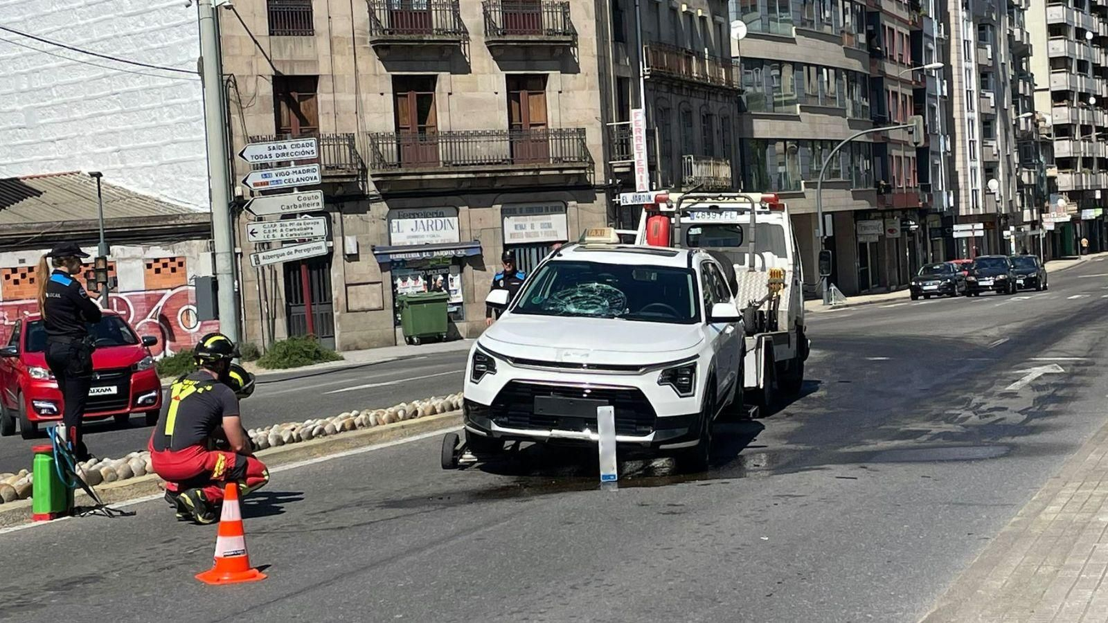 El taxi afectado por la colisión en el entorno del jardín del Posío.