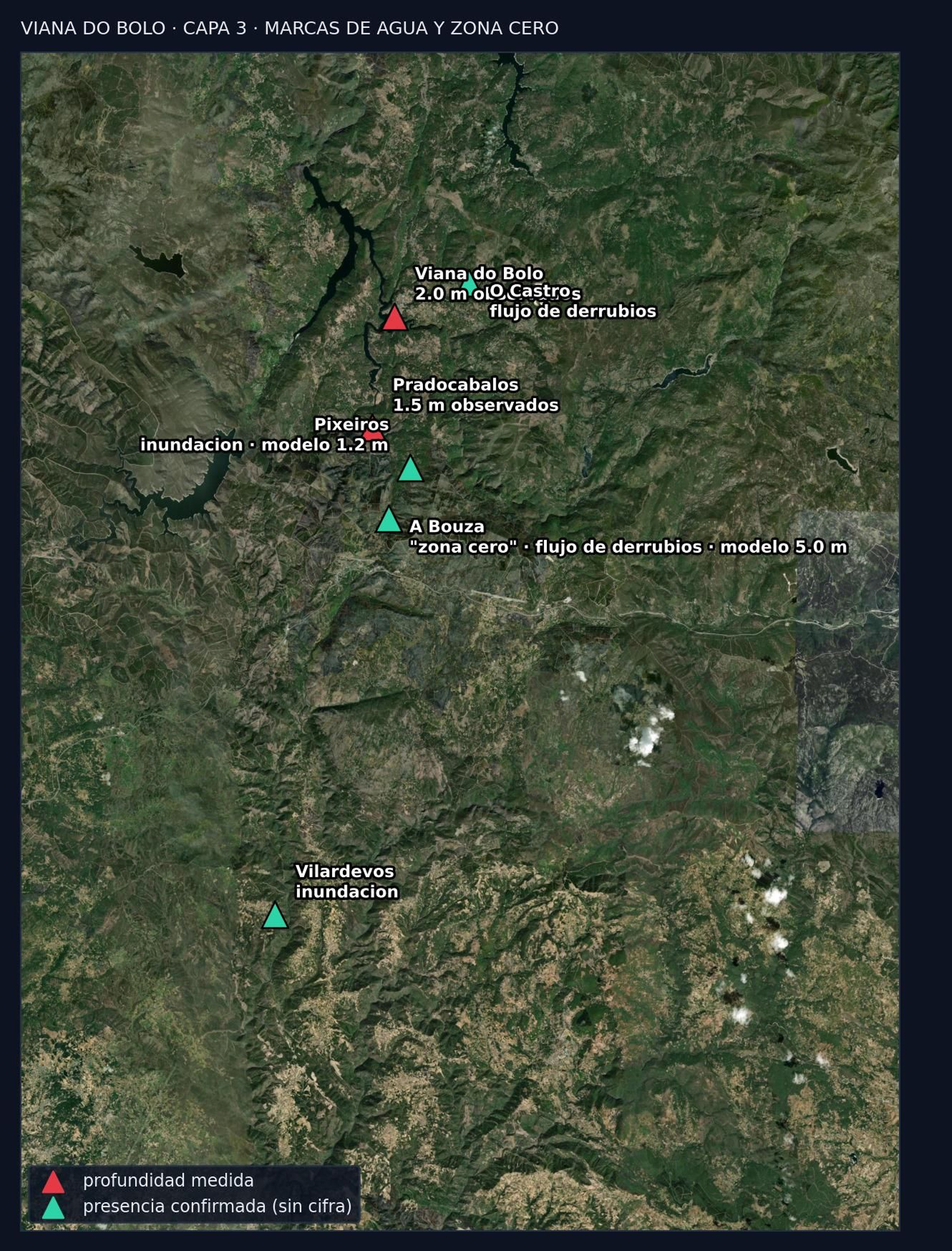 La modelización hidráulica sitúa A Bouza como la "zona cero" de la riada, con una lámina de agua estimada de hasta cinco metros, mientras que las marcas verificadas alcanzaron los dos metros en Viana do Bolo.