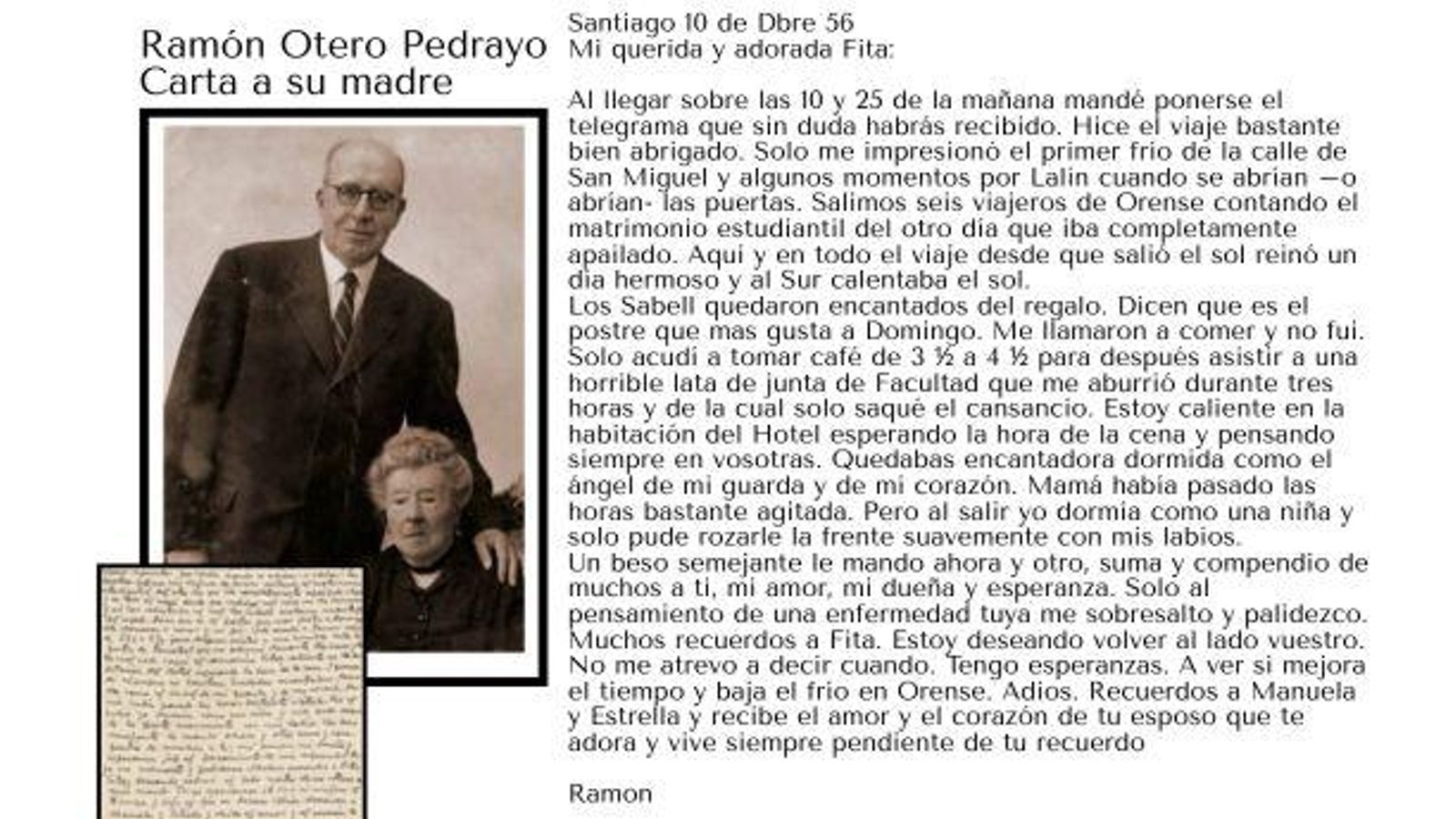 Carta de Ramón Otero Pedrayo a su madre en 1956.