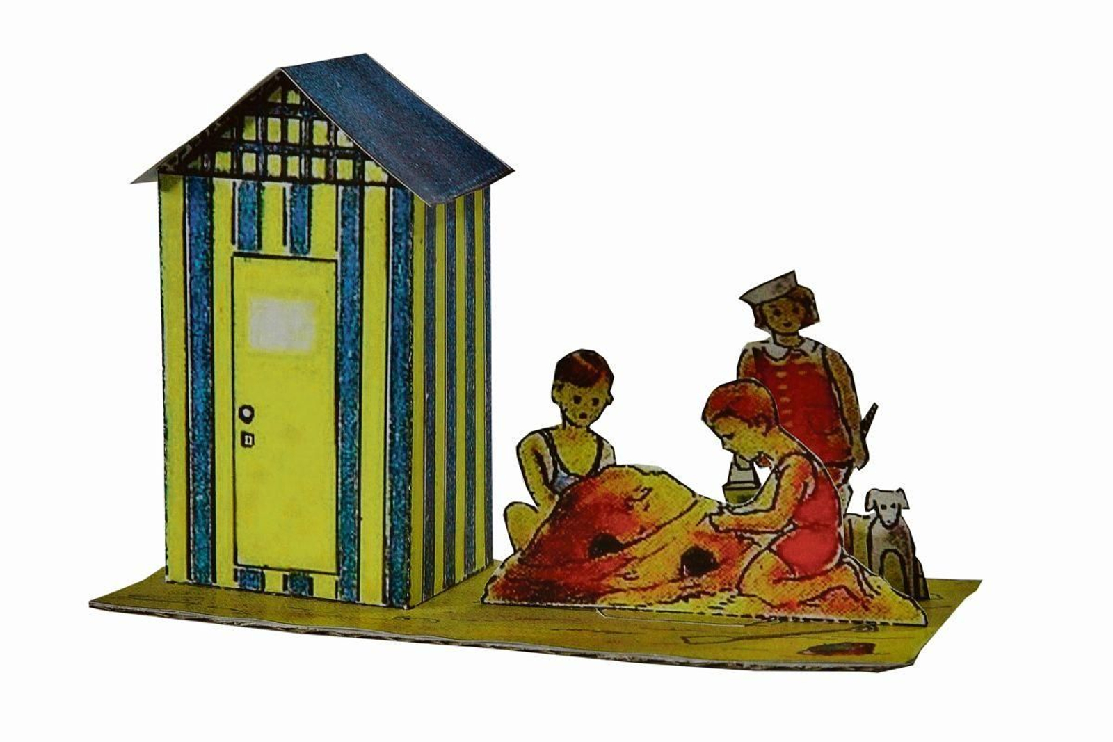 Niños con bañador de los años veinte jugando en la playa.