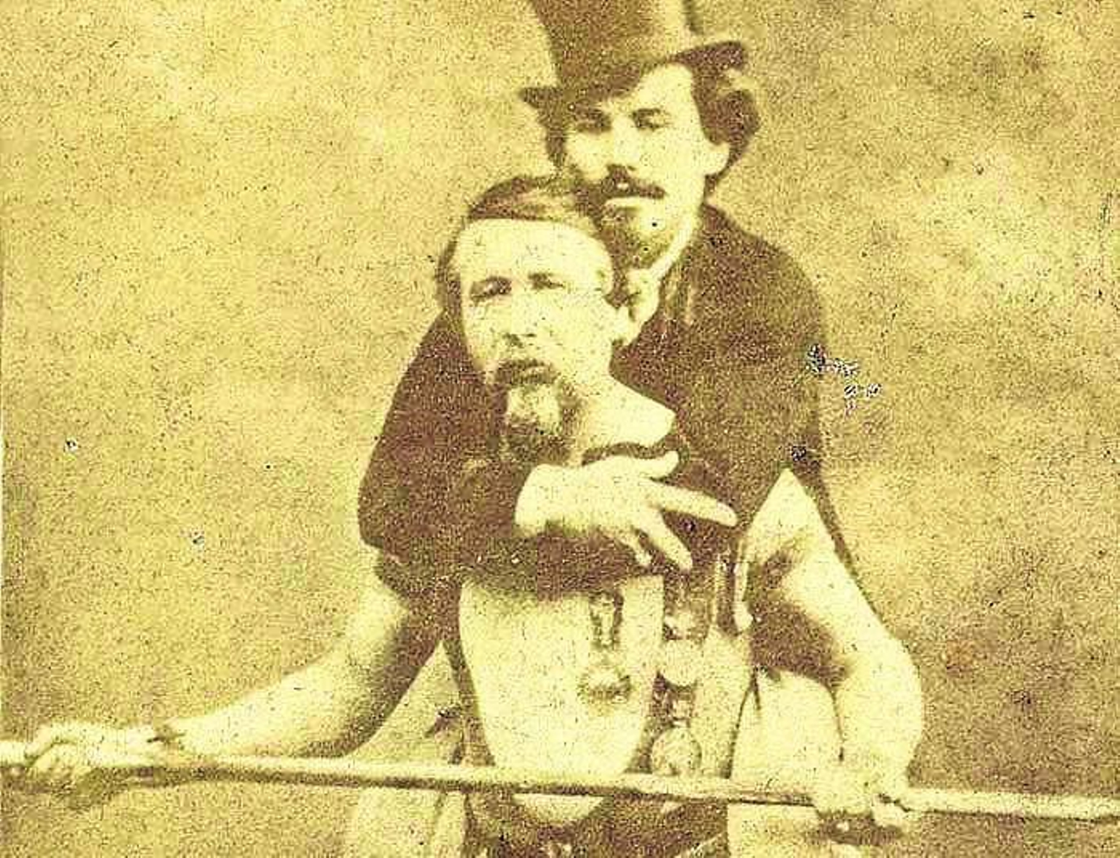 Blondin, con su manager Harry Colcord, cruzando las cataratas del Niágara 1860.