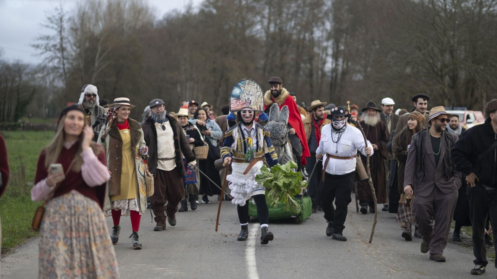 A variopinta comitiva, "burro" incluído, que percorreu as paradas do Reinado.